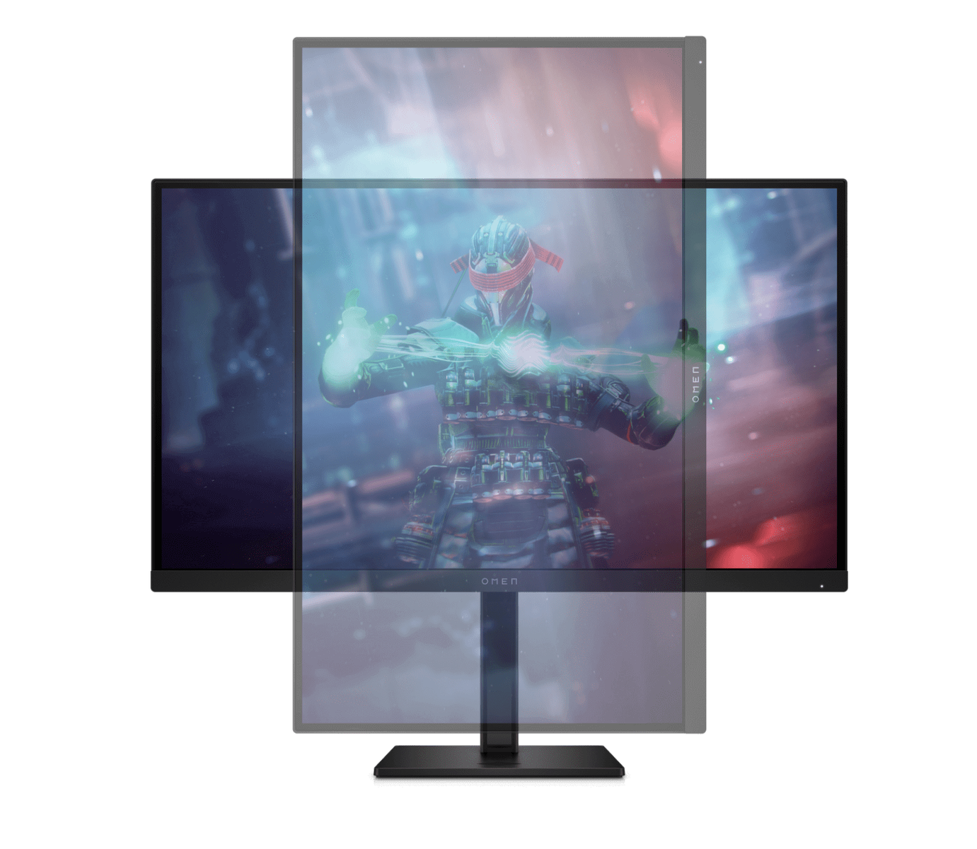 Wiele ekranów komputera wyświetlających scenę z gry wideo. Ciemne tło.