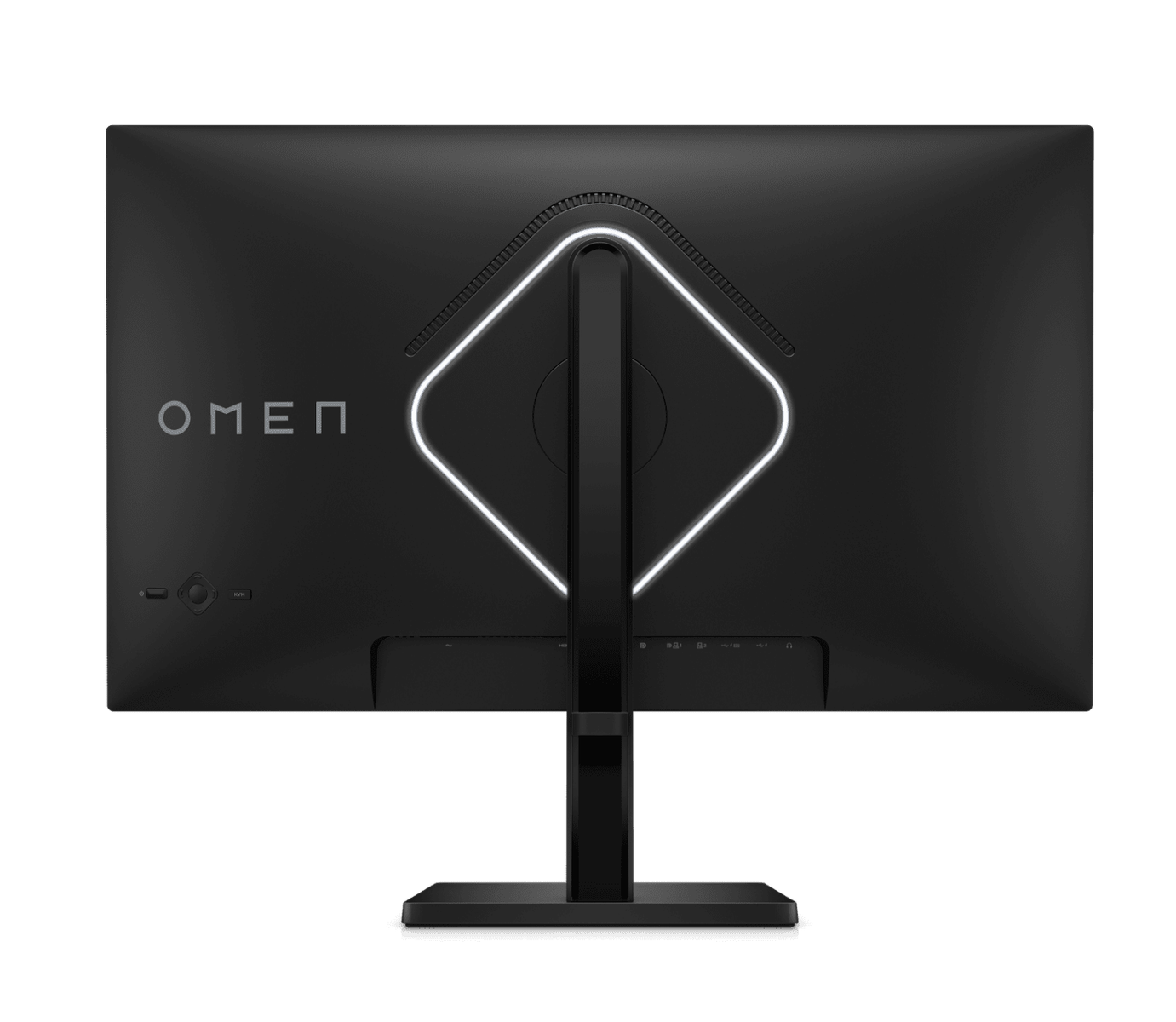 Tył czarnego monitora OMEN, z białym podświetlanym wzorem.