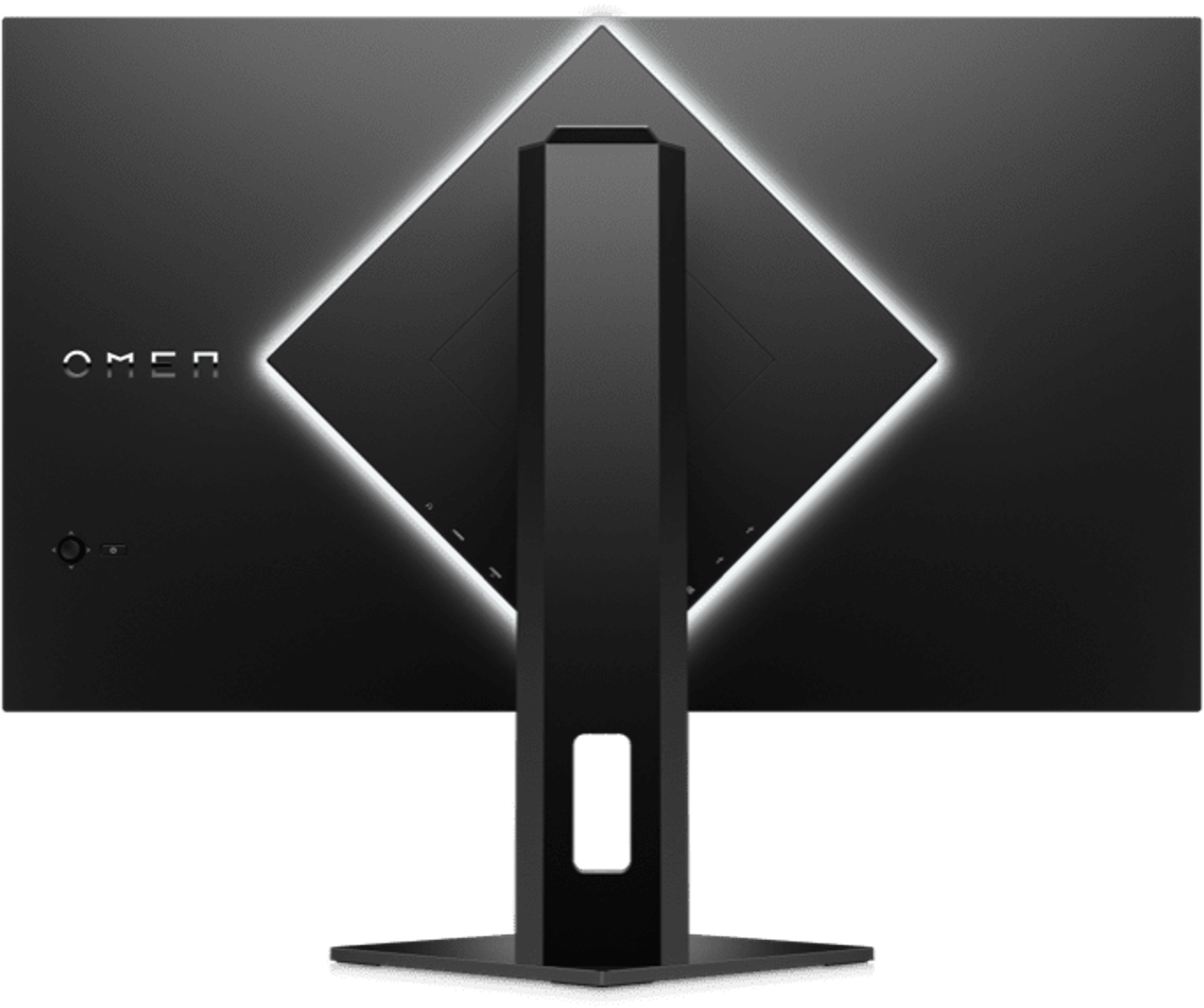 Tył czarnego monitora komputerowego z logo OMEN i podstawką. Czarne tło.