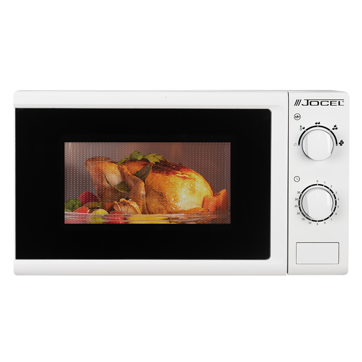 Un horno de microondas JOCEL blanco con un pollo cocido visible en el interior.