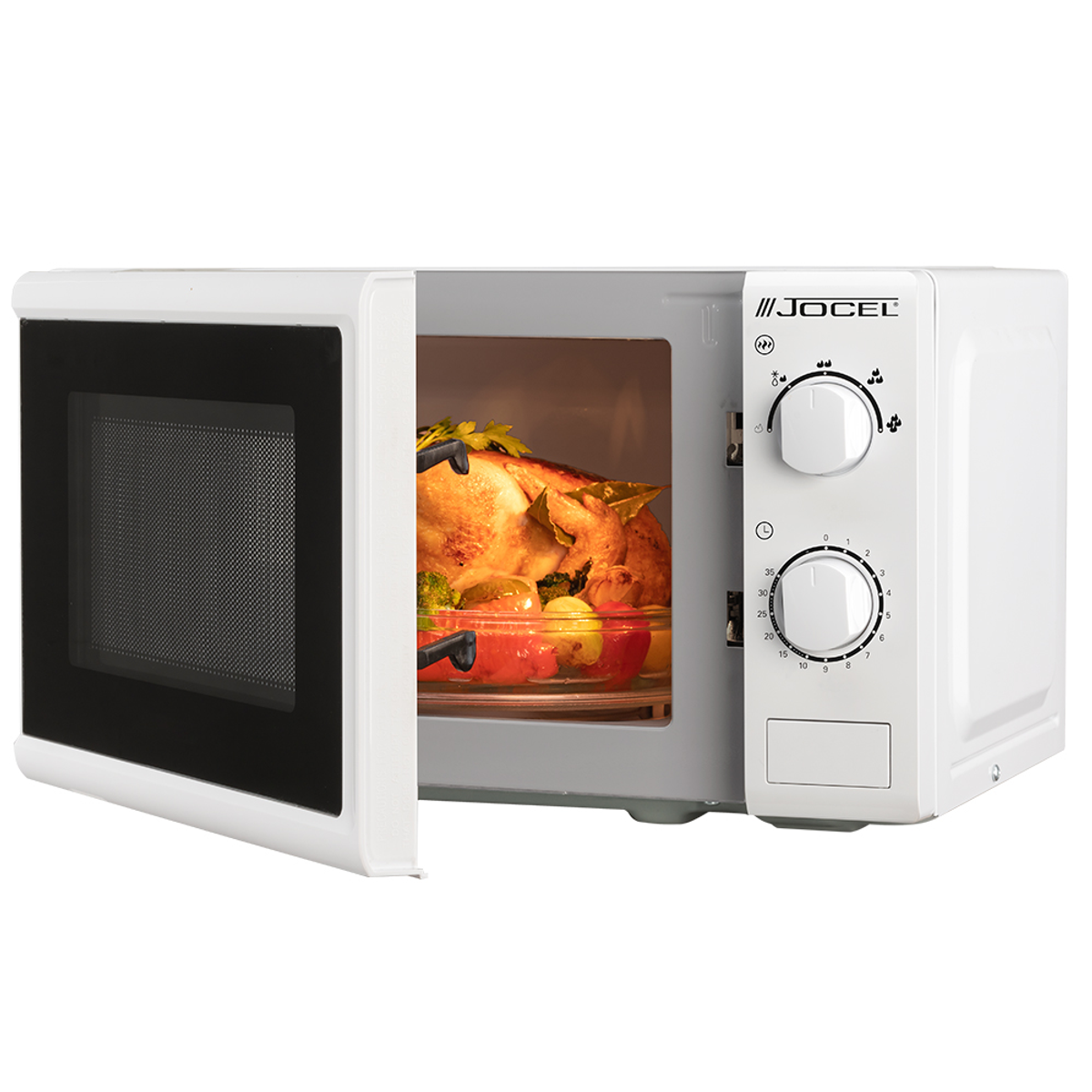 Microondas blanco con puerta abierta, mostrando pollo y verduras cocinadas.