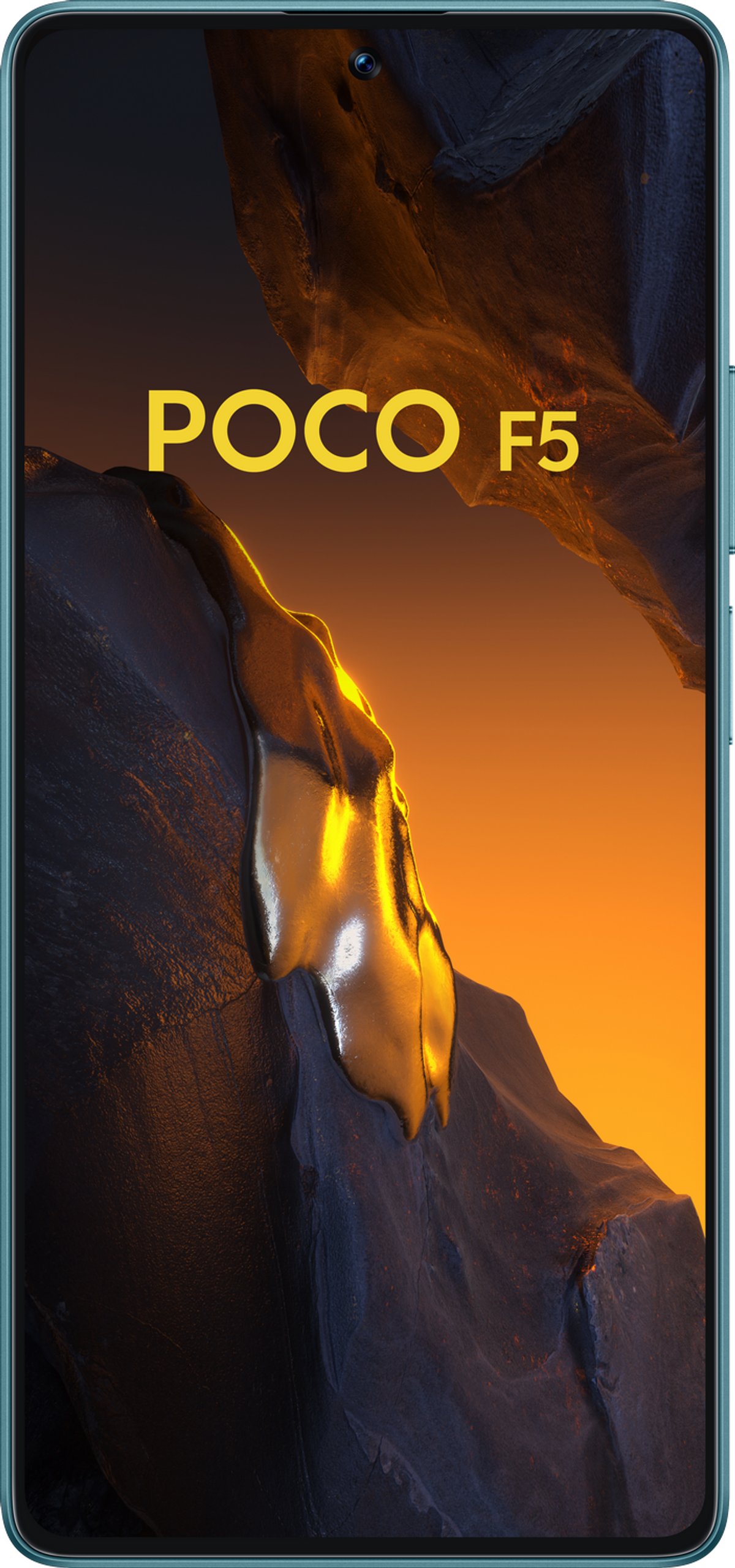 Ekran smartfona ze słowami POCO F5 i skalistym tłem.