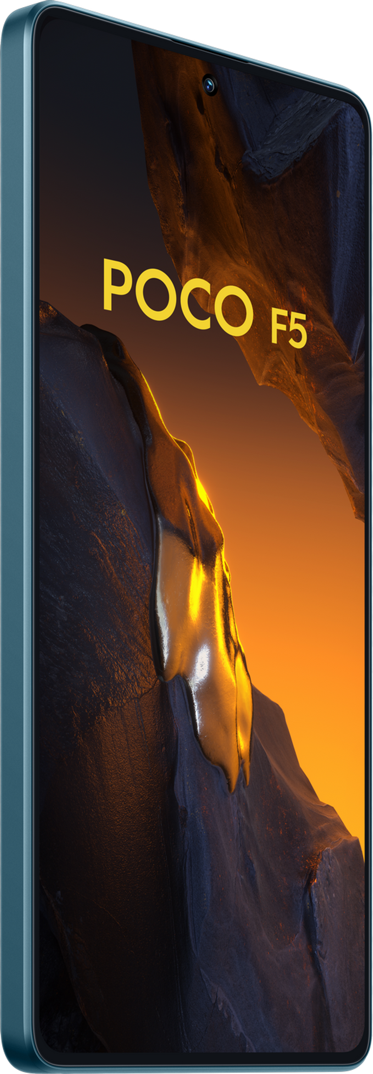 Telefon POCO F5, w kolorze turkusowym, widok z boku, z kolorowym tłem.