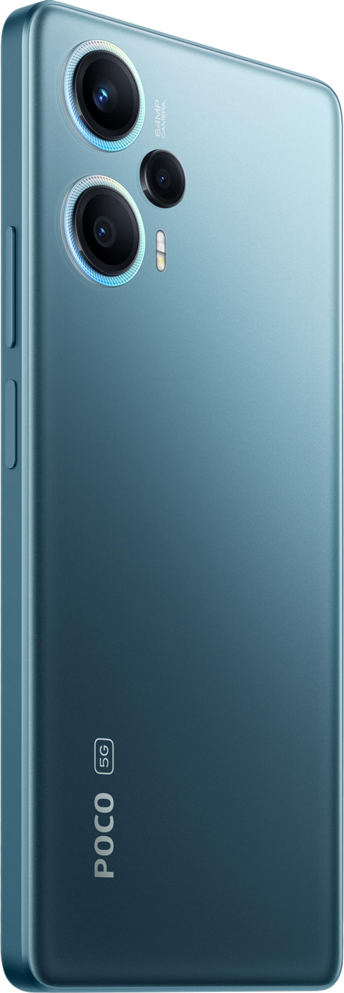 Niebieski telefon Poco 5G, trzy kamery, widok z tyłu. Białe tło.
