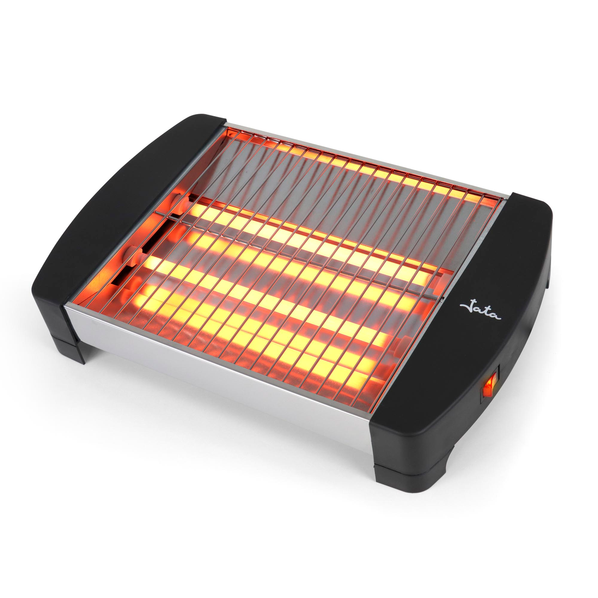 Forno tostapane, elemento riscaldante visibile, nero e argento.