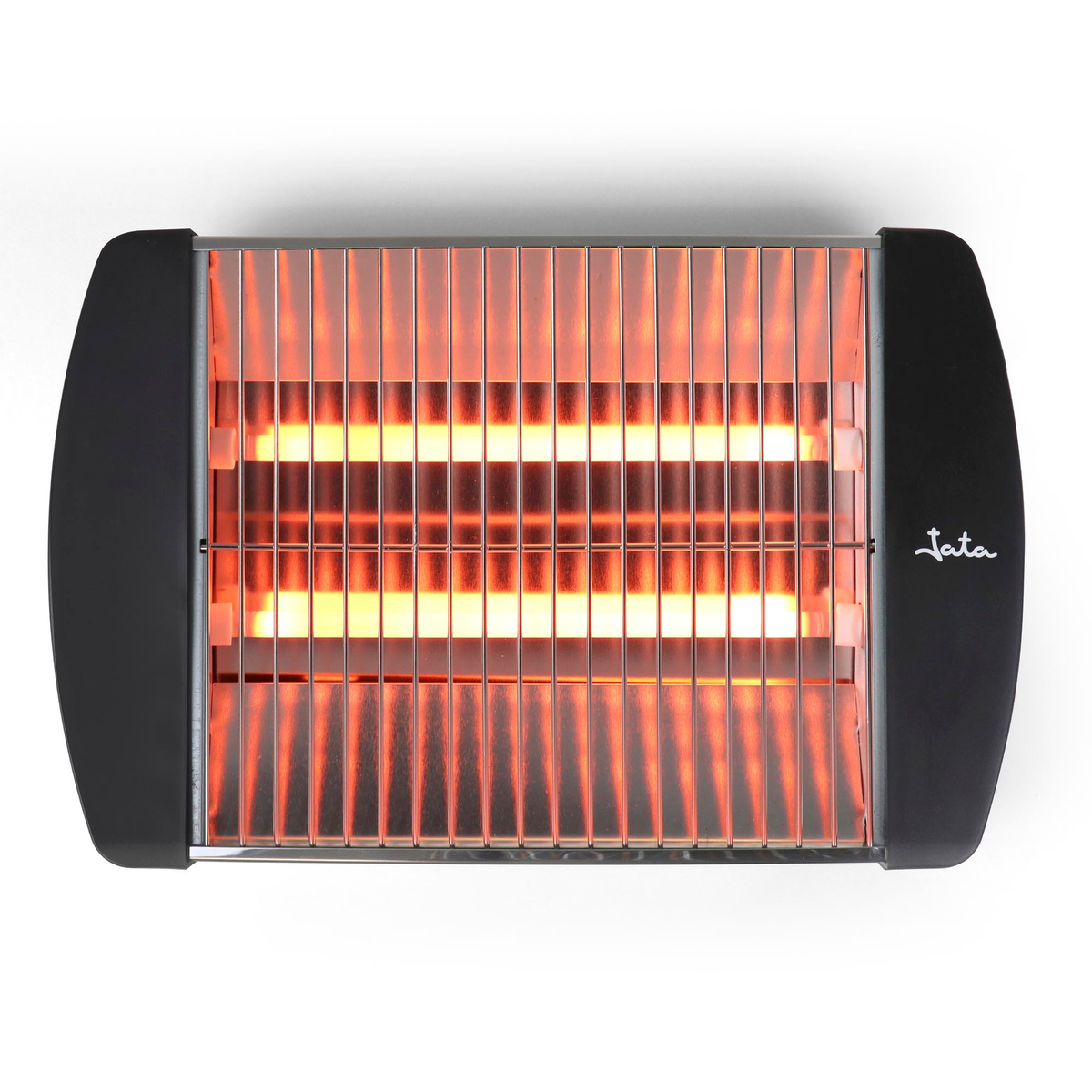 Un termoventilatore elettrico con cornice nera ed elementi riscaldanti arancioni incandescenti su sfondo bianco.
