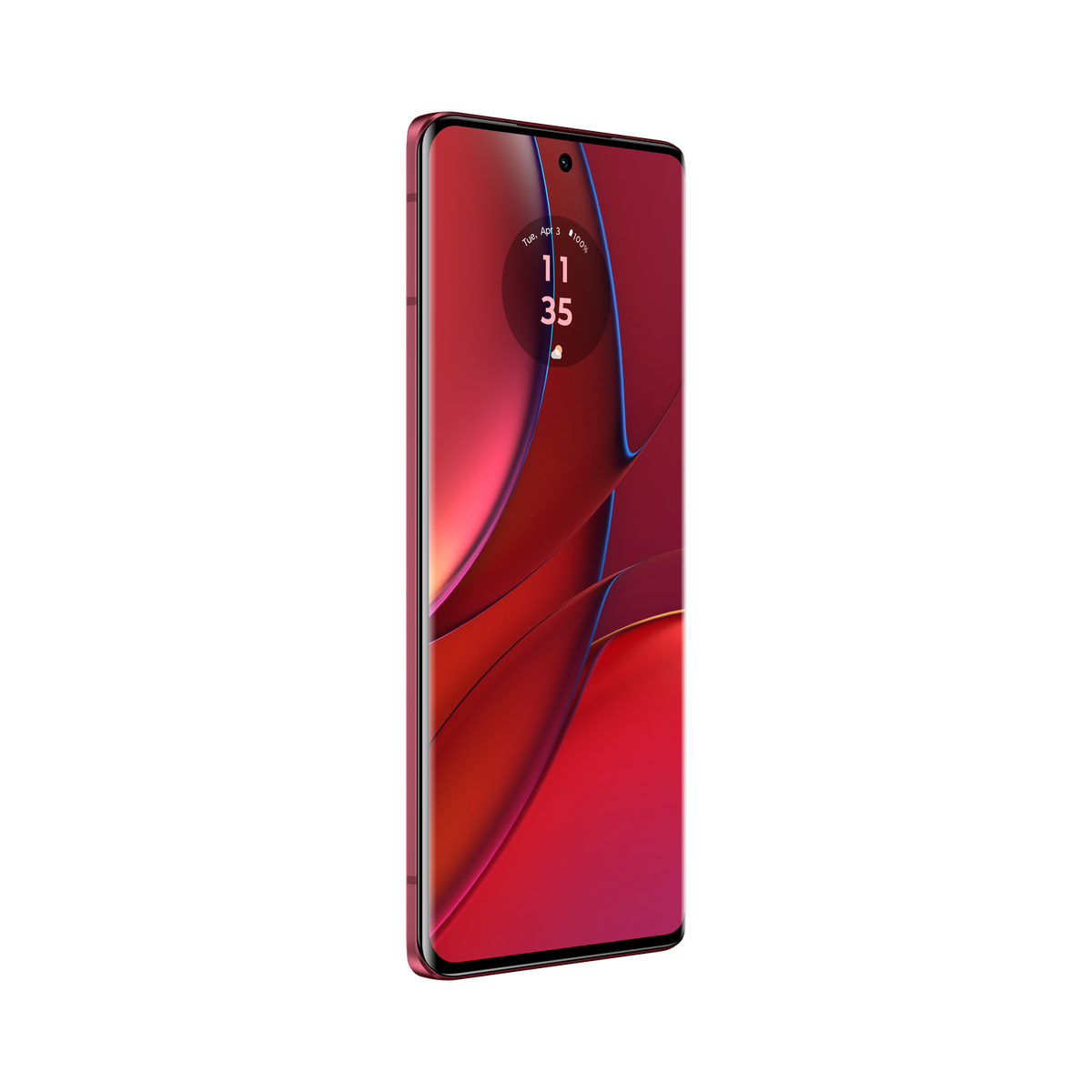 Rode Motorola smartphone met tijd 11:35 weergegeven. Zwarte achtergrond.