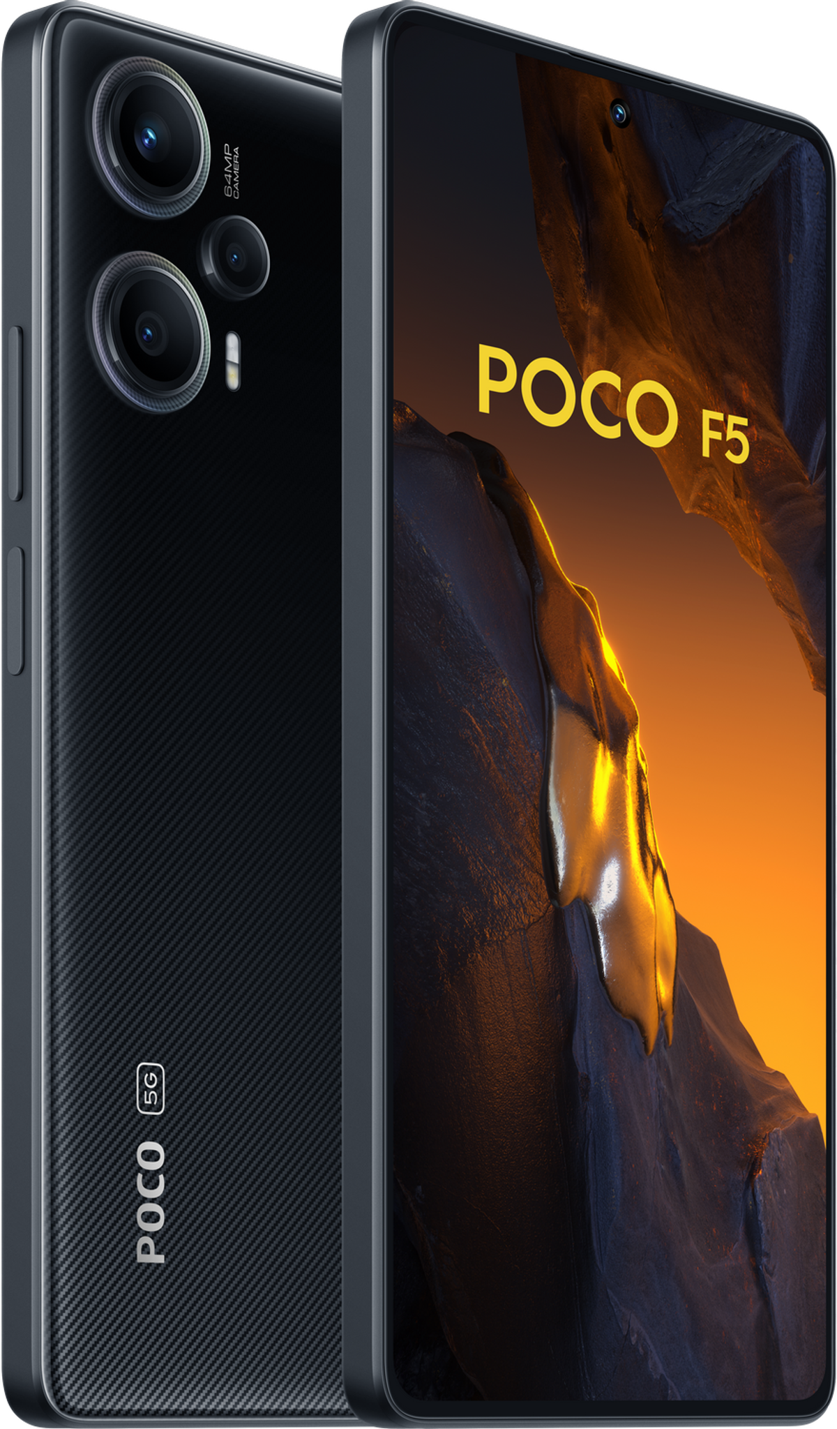 Schwarzes Poco F5 Telefon, mit drei Kameras und Branding sichtbar. Oranger Hintergrund.