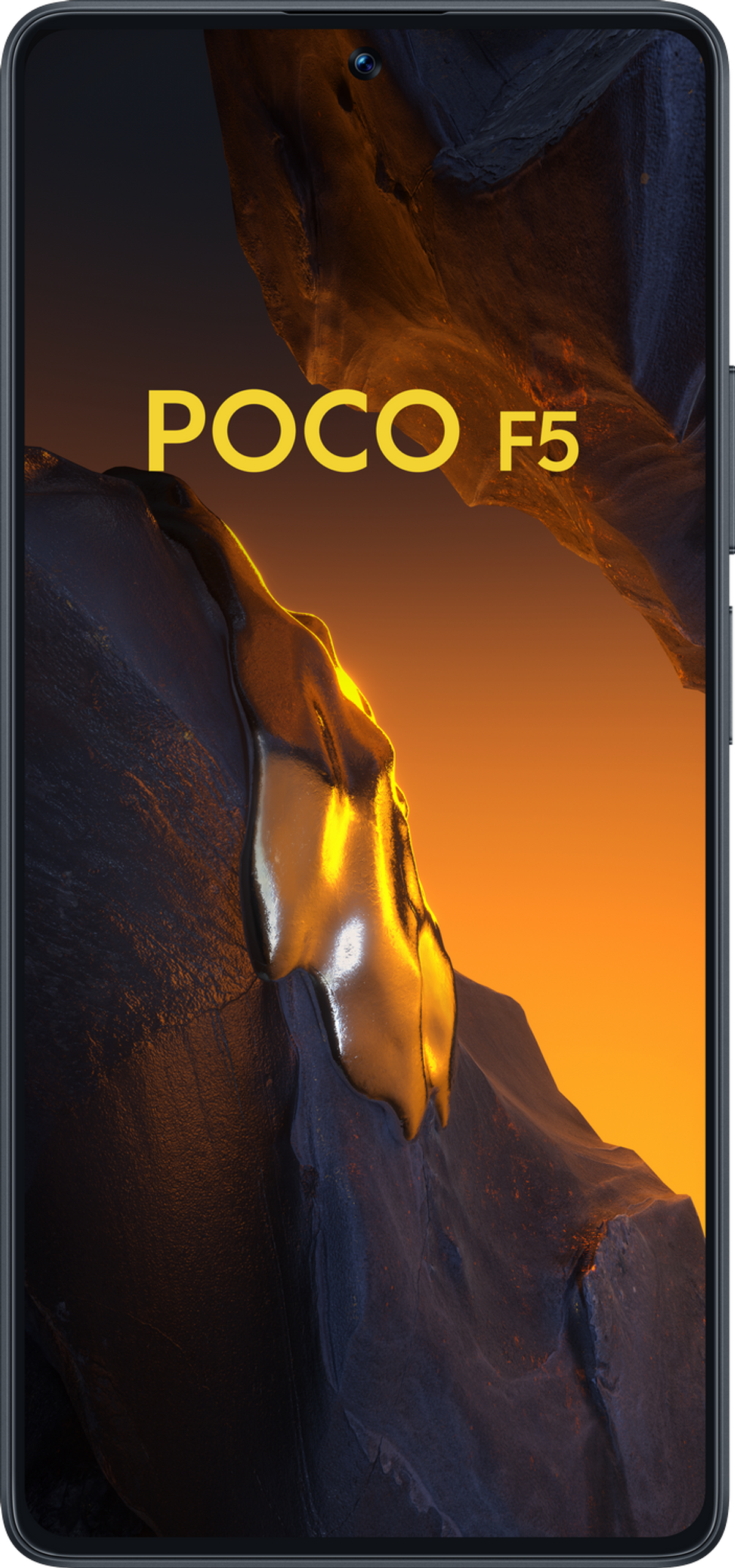 Ein Smartphone mit POCO F5 Logo auf dem Bildschirm, vor einem felsigen Hintergrund.