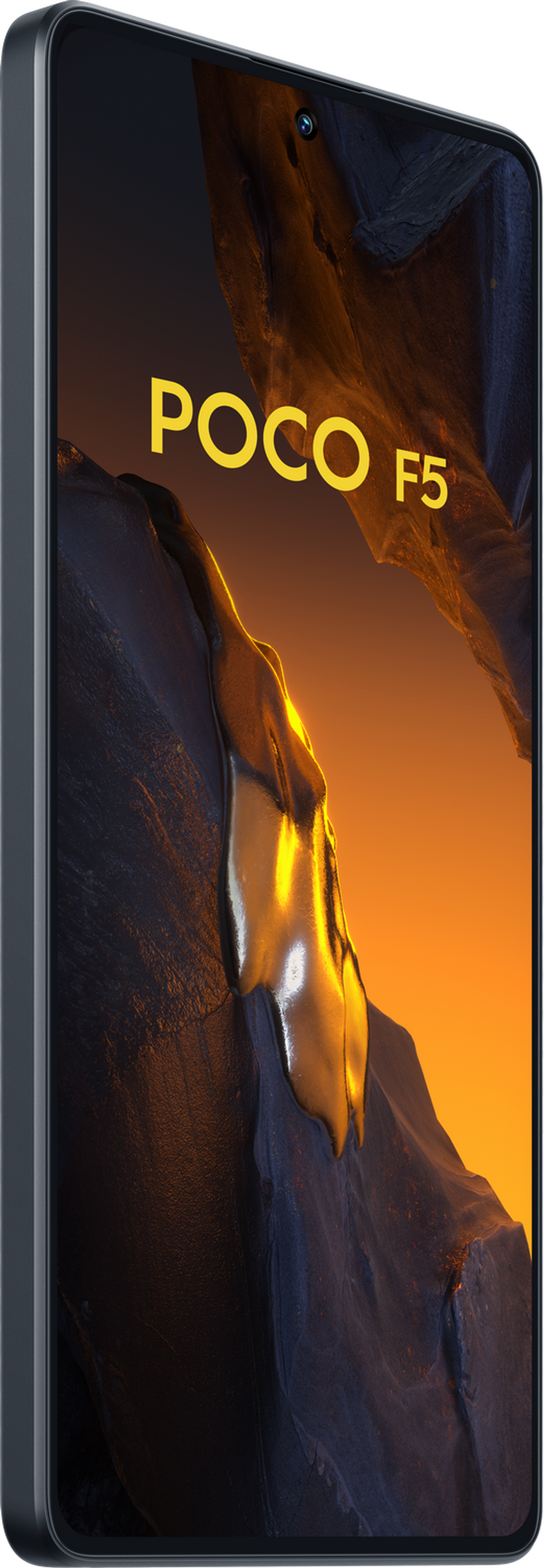 Ein POCO F5 Telefon, ein dunkelblaues Telefon mit dunklem Hintergrund und gelbem Text.