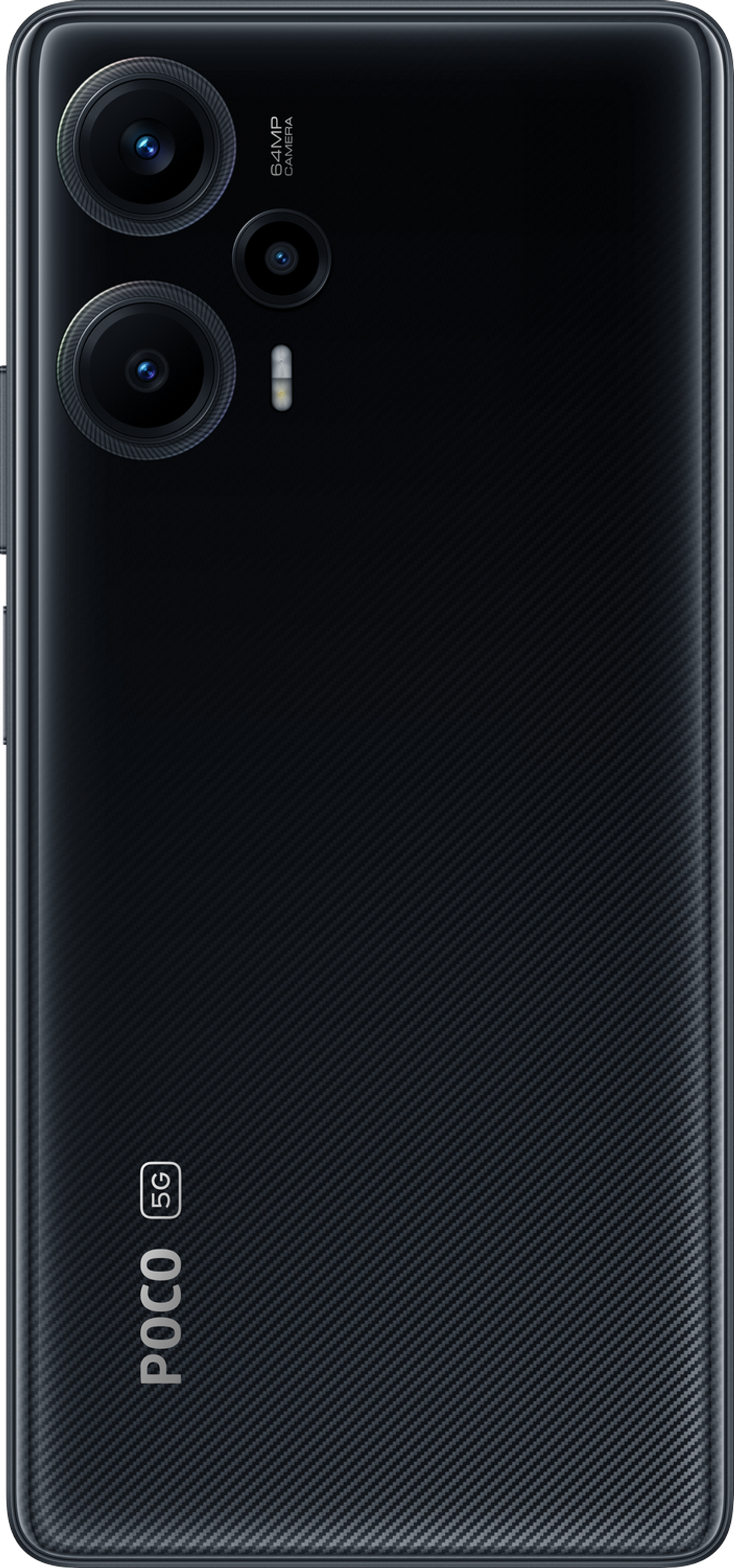 Schwarzes Poco 5G Smartphone. Drei Kameralinsen, Poco-Logo, Karbonfasertextur, freigestellt auf Weiß.