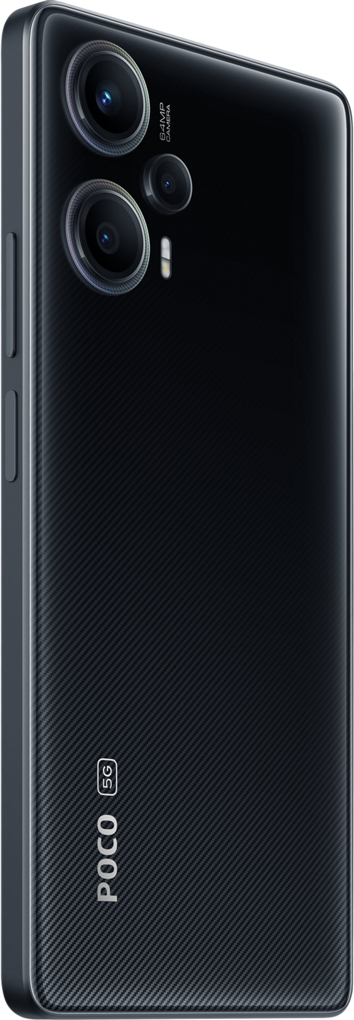 Schwarze Smartphone-Rückseite mit Kameralinsen und POCO 5G Logo, strukturierte Oberfläche.
