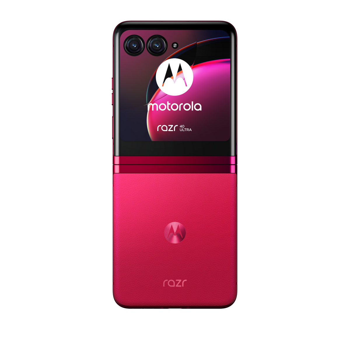 Czerwony telefon Motorola Razr, złożony. Logo Motorola na górze i na dole. Czarne tło.