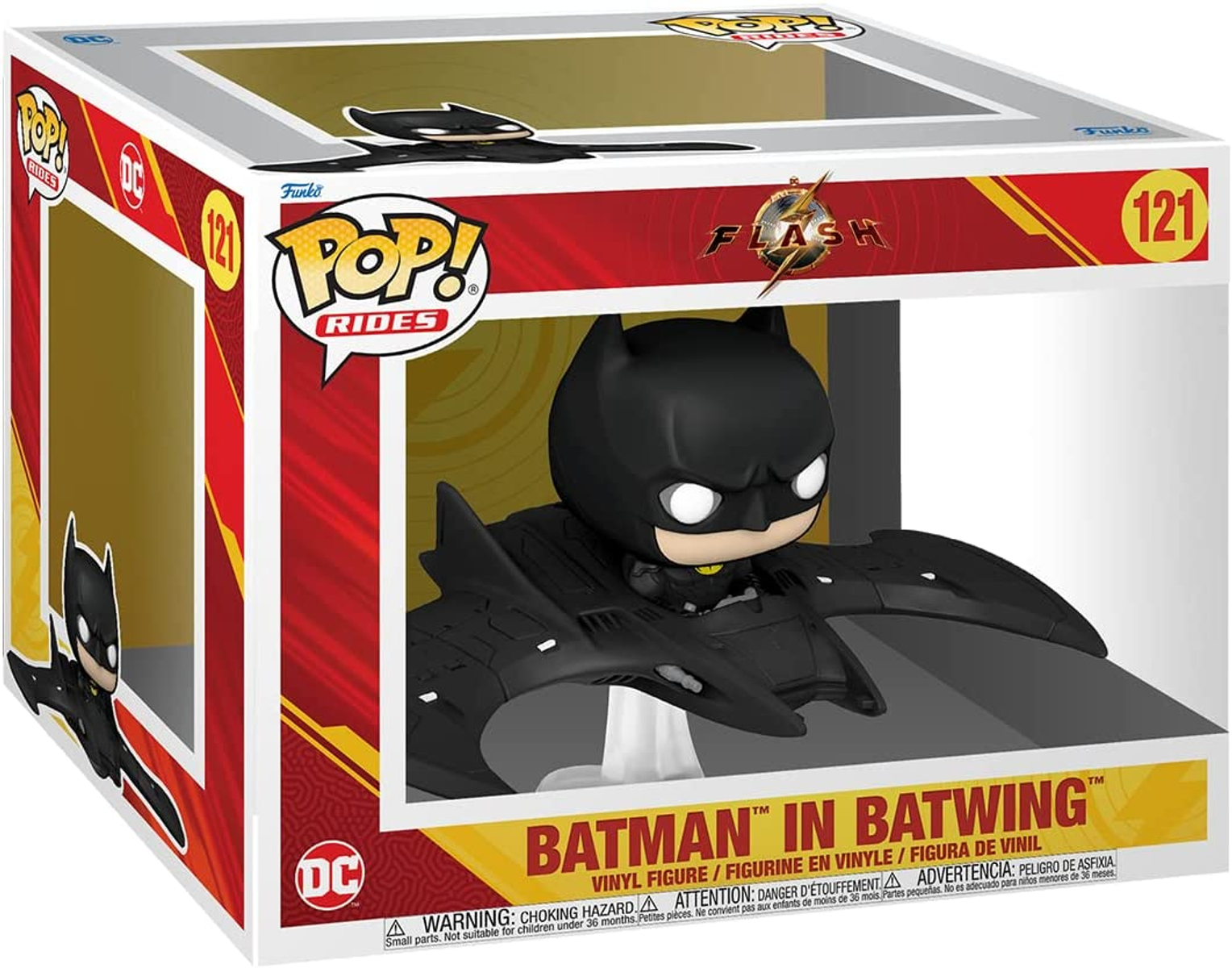 Figura Funko Pop! Rides de Batman en Batwing. Se muestra en una caja con gráficos de cómic.