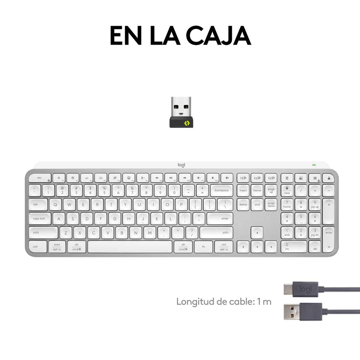 Tastiera bianca e ricevitore USB, con cavi USB-C e USB.