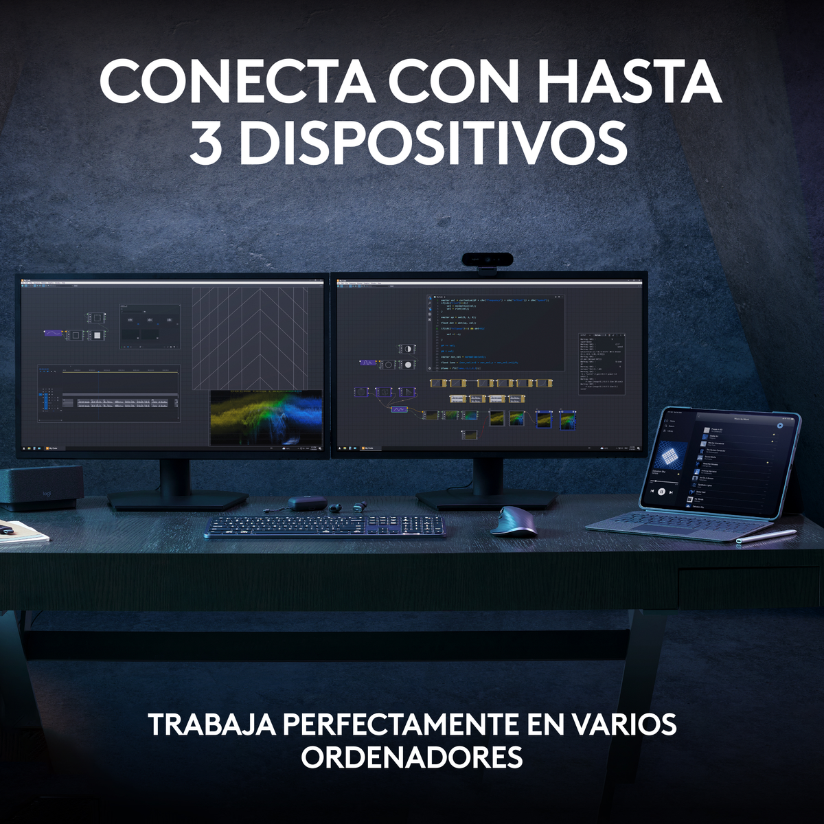 Due monitor con tablet e tastiera. Testo: 'Connettiti con...'.