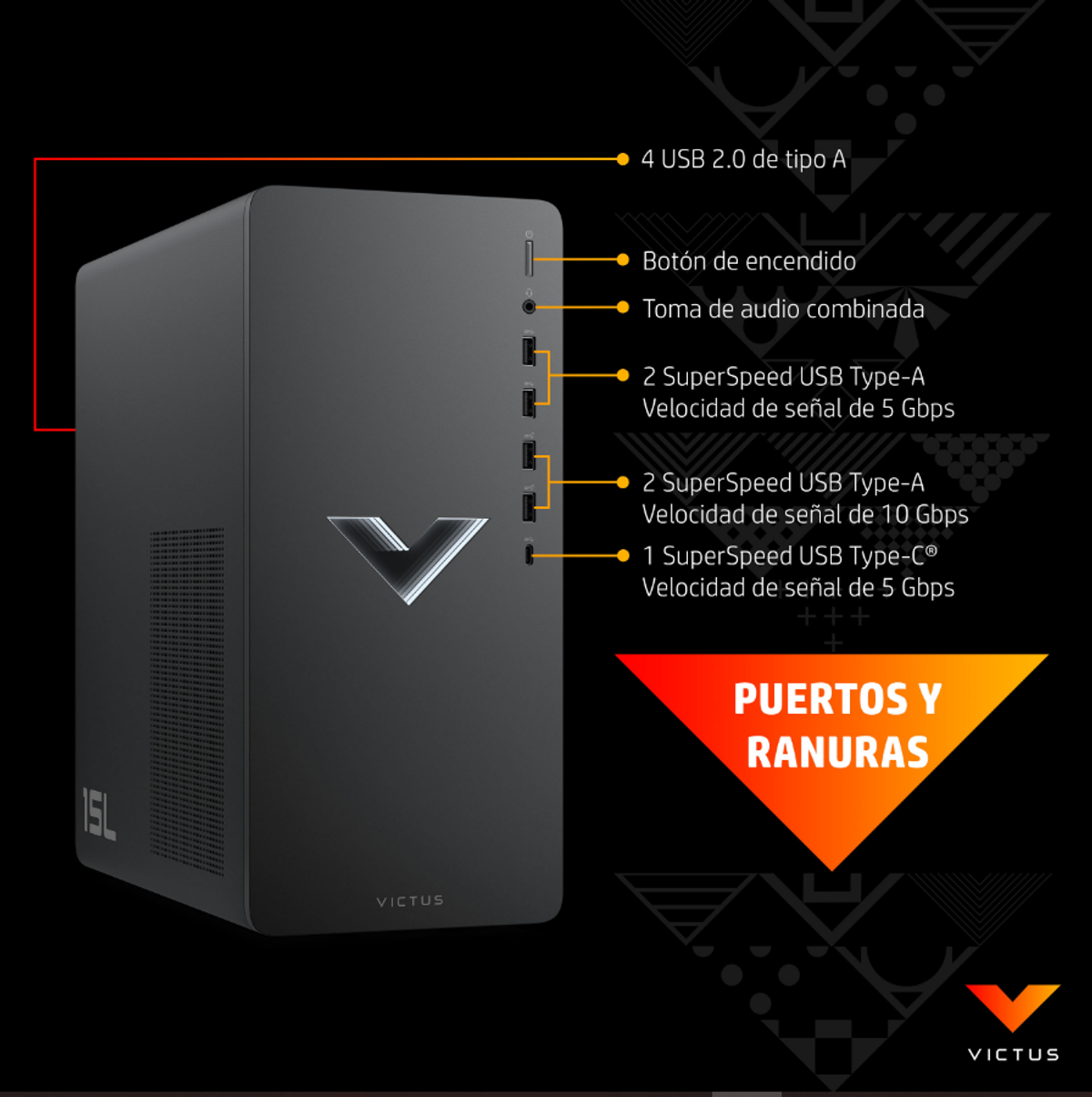 Czarna obudowa komputera z portami i logo 'VICTUS', z etykietami portów USB i innych funkcji.