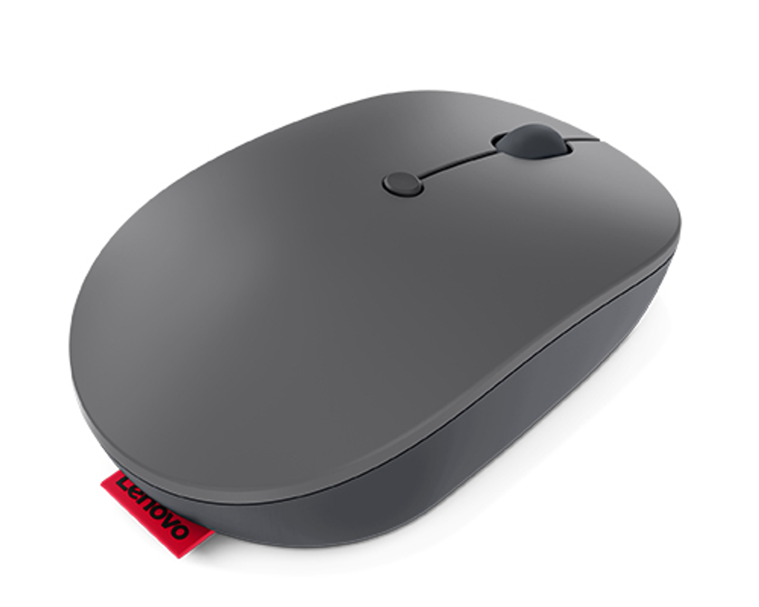 Szara mysz Lenovo. Ma dwa przyciski i kółko przewijania. Czerwona etykieta z logo Lenovo.