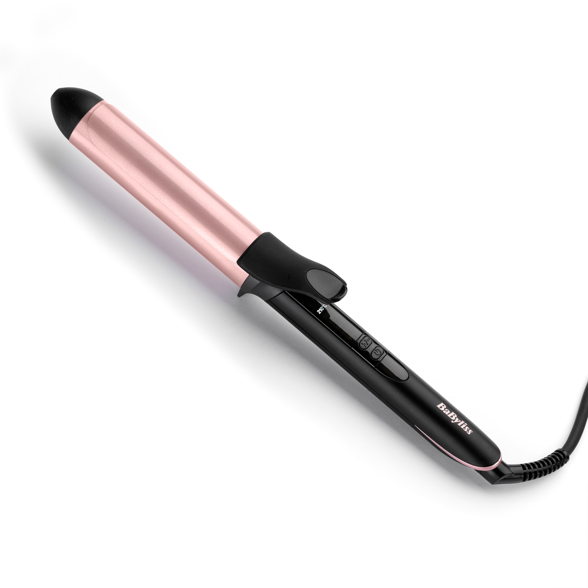 Ein roségoldfarbener und schwarzer Lockenstab auf weißer Oberfläche, mit einem schwarzen Kabel.