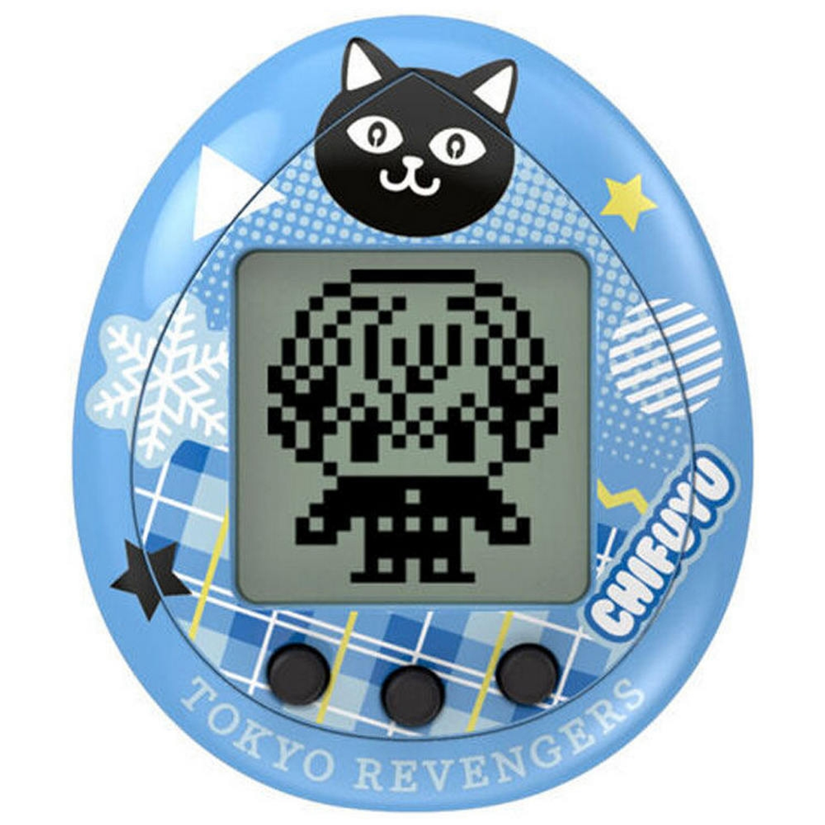Mascota digital Tamagotchi azul con gráfico de gato negro y texto Tokyo Revengers.