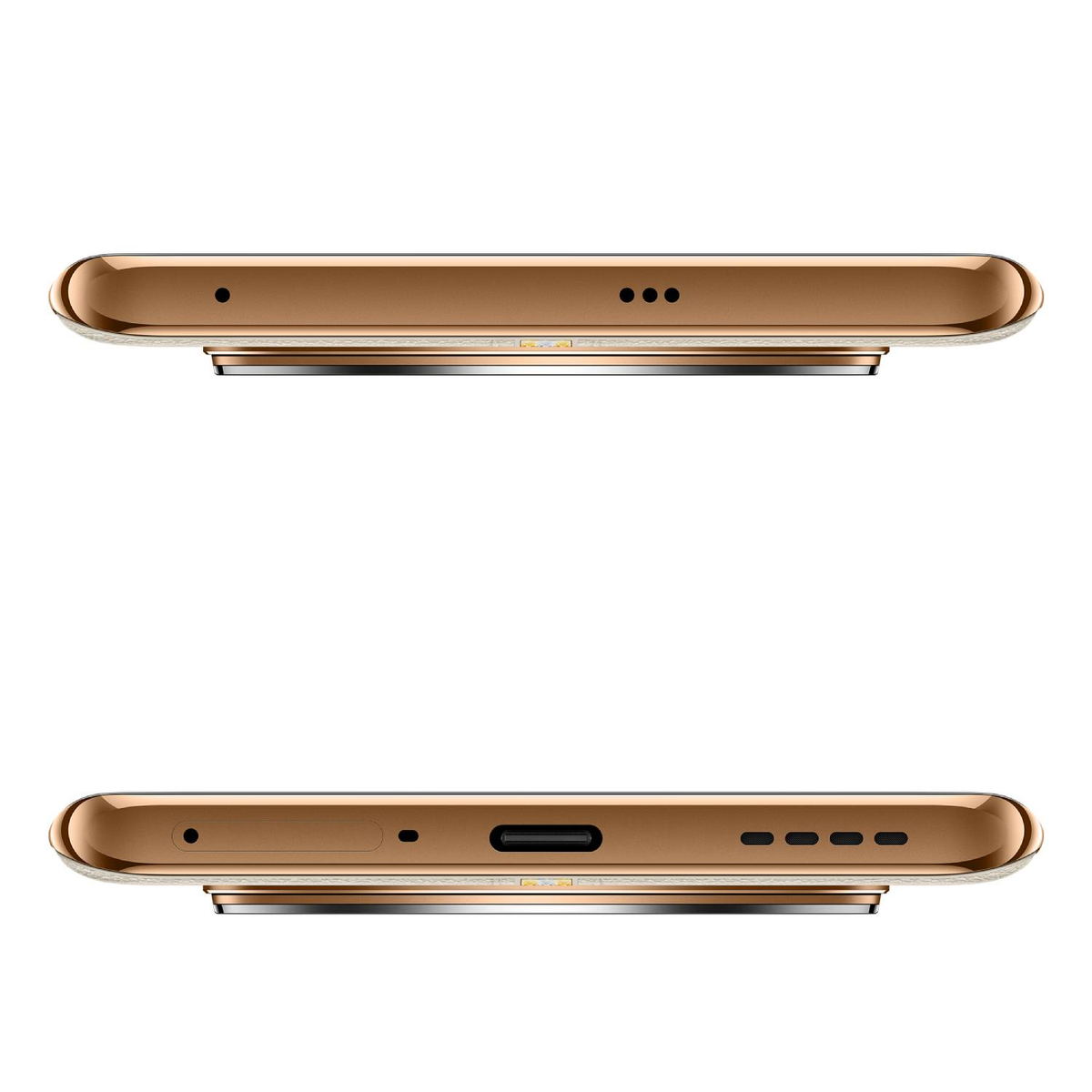 Smartphone dorato sopra e sotto. Sopra: fori. Sotto: porta USB-C e fori.