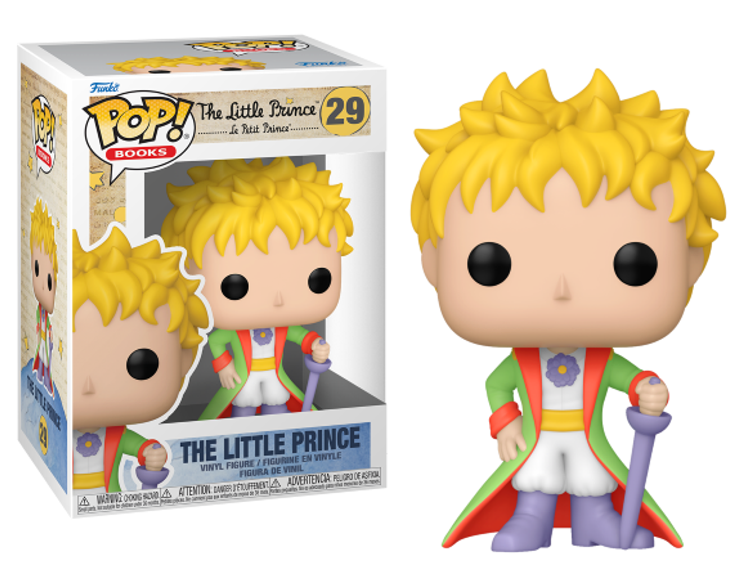 Figura Funko Pop de El Principito en su caja. Muestra a un niño con abrigo verde.