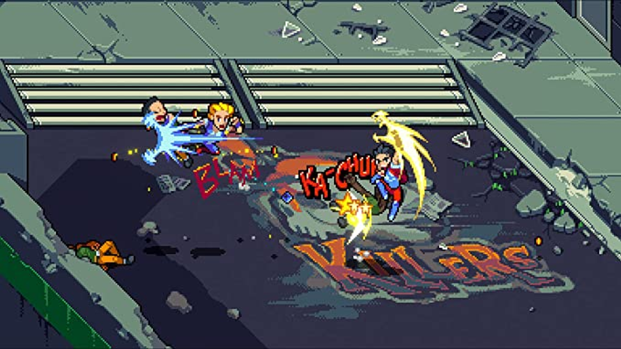 Scena in pixel art di un gioco con personaggi che combattono. La parola 'KILLERS' è visibile.
