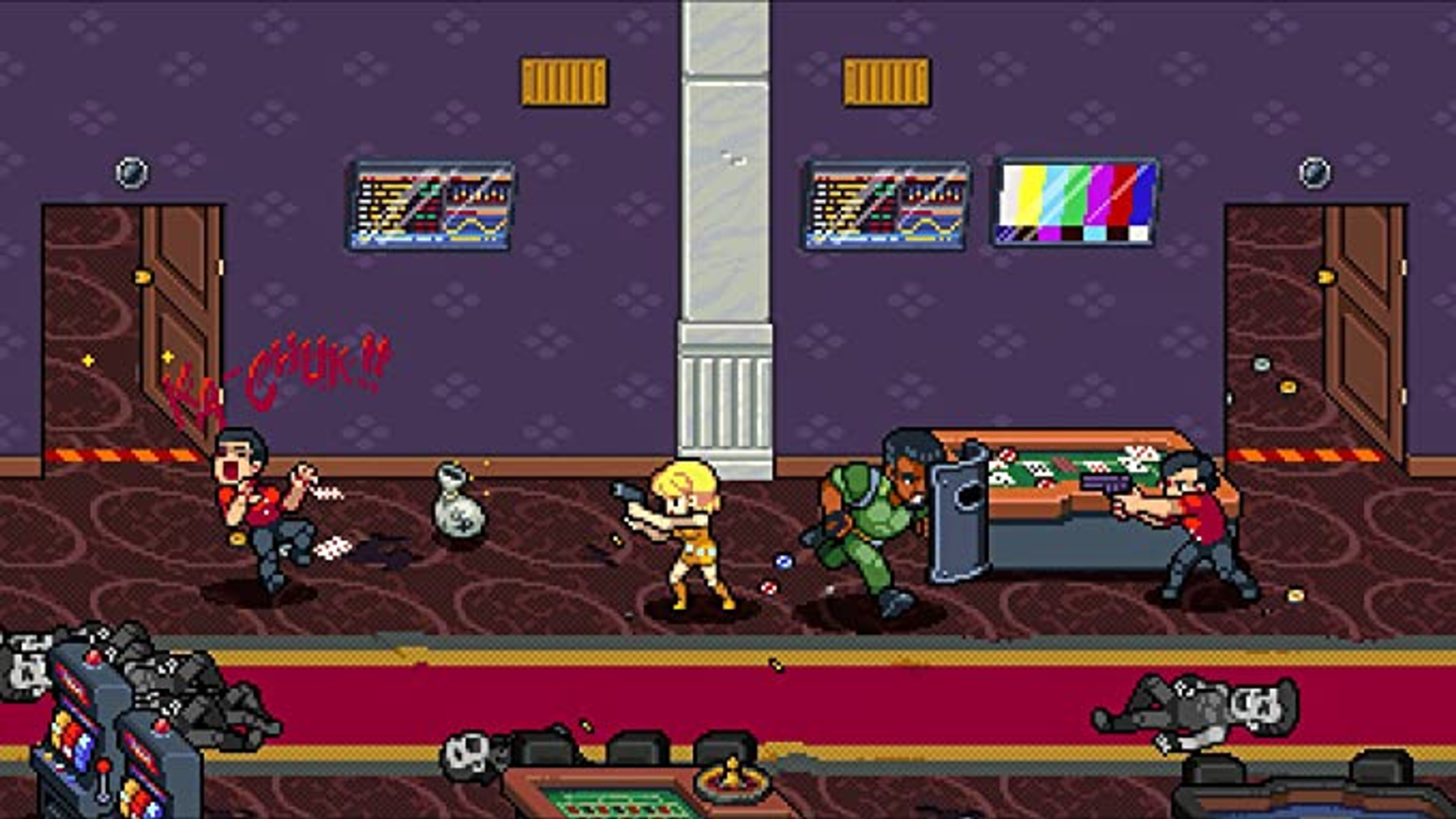 Scena di videogioco pixelata: personaggi che sparano in un casinò. Esplosioni e pixel art.