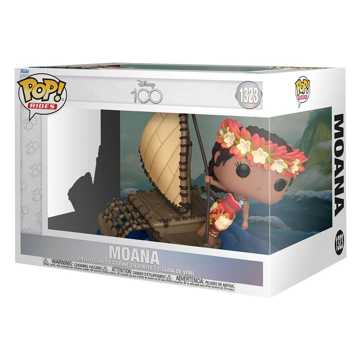 Una figura de Moana Funko Pop! en una caja, montada en un bote.