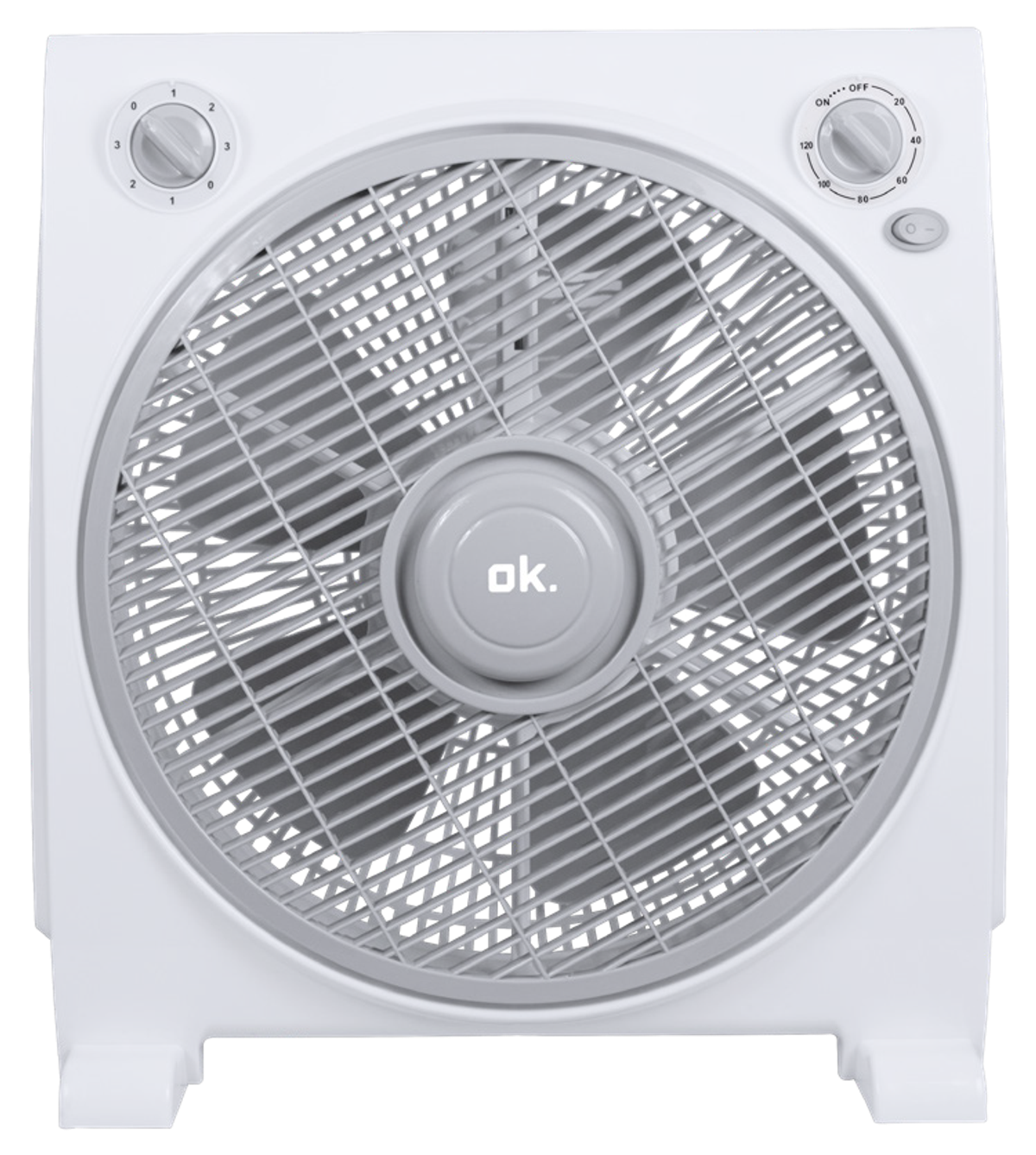 Ventilador de caja blanco con rejilla gris y controles.