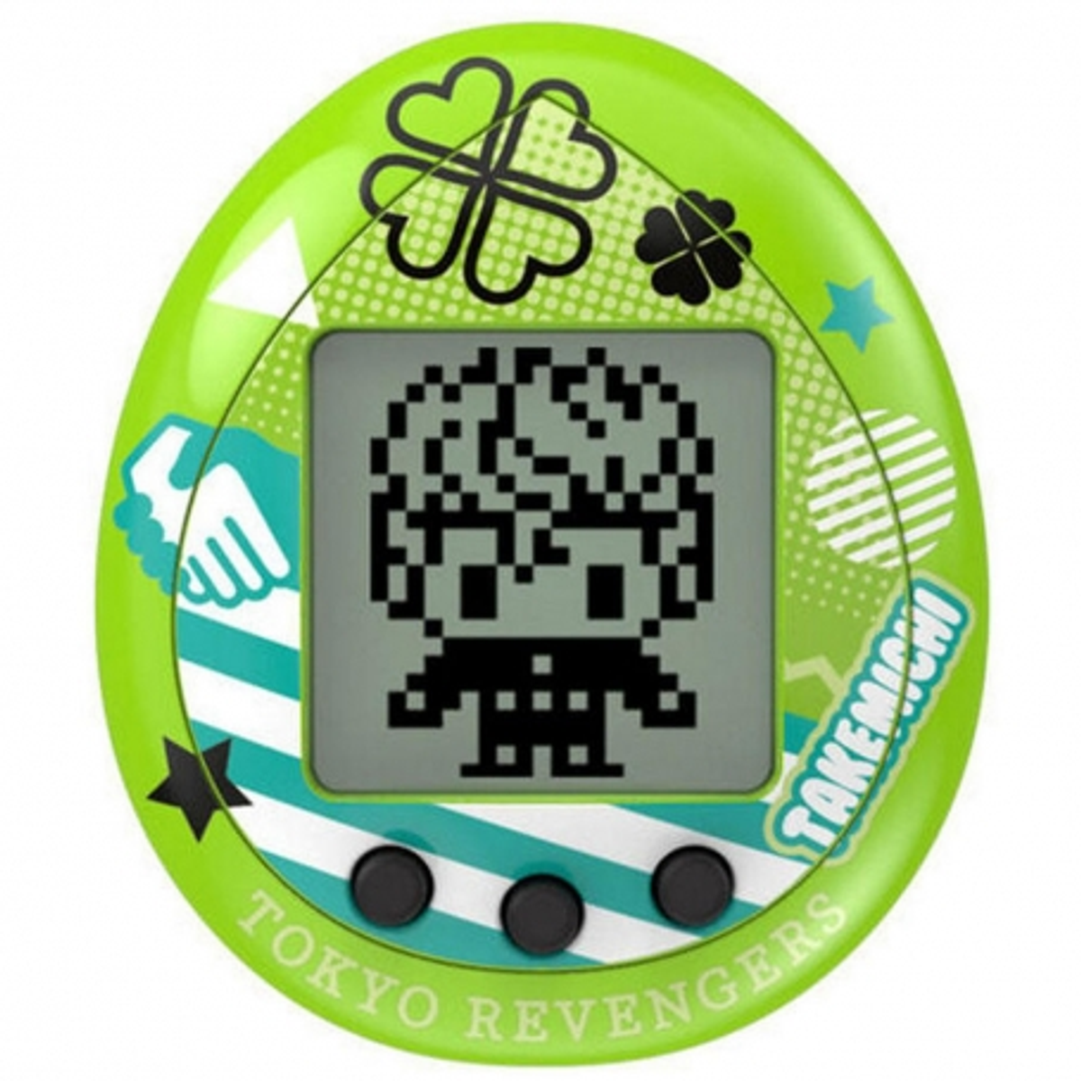 Juguete Tamagotchi verde con diseño de Tokyo Revengers, mostrando un personaje pixelado.