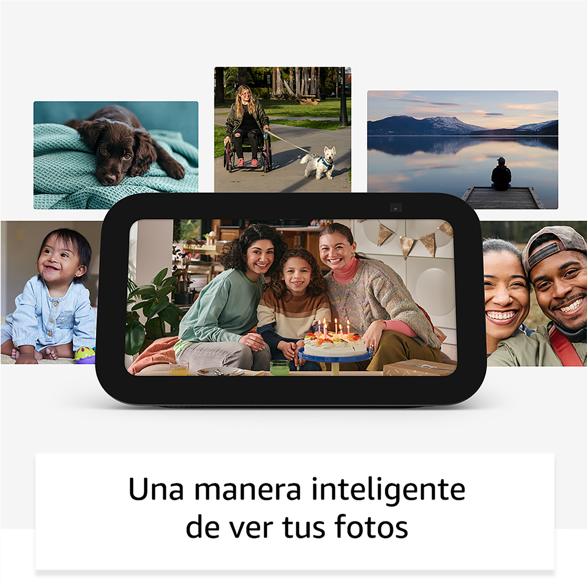 Inteligentny wyświetlacz pokazujący zdjęcia rodzinne, z różnymi ludźmi i scenami wokół.