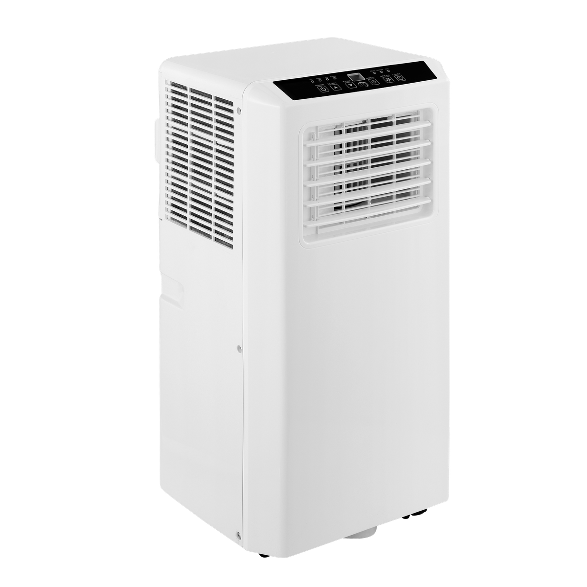 Aire acondicionado portátil blanco. Tiene rejillas y un panel de control. Fondo negro.