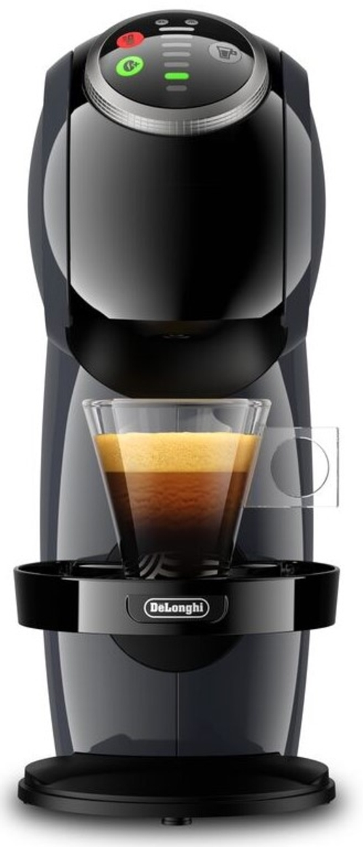 Czarno-szary ekspres do kawy DeLonghi z szklanką. Espresso w środku.