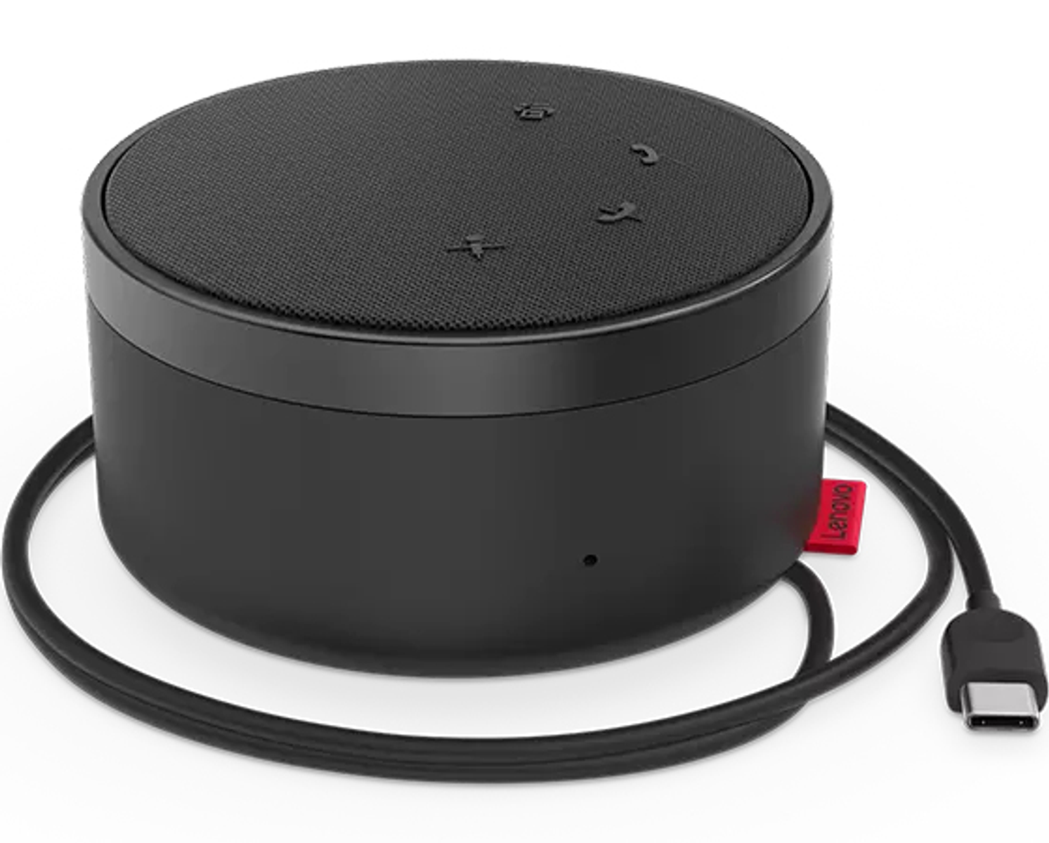 Altoparlante cilindrico nero con pulsanti superiori ed etichetta Lenovo rossa. Cavo USB-C nero collegato.