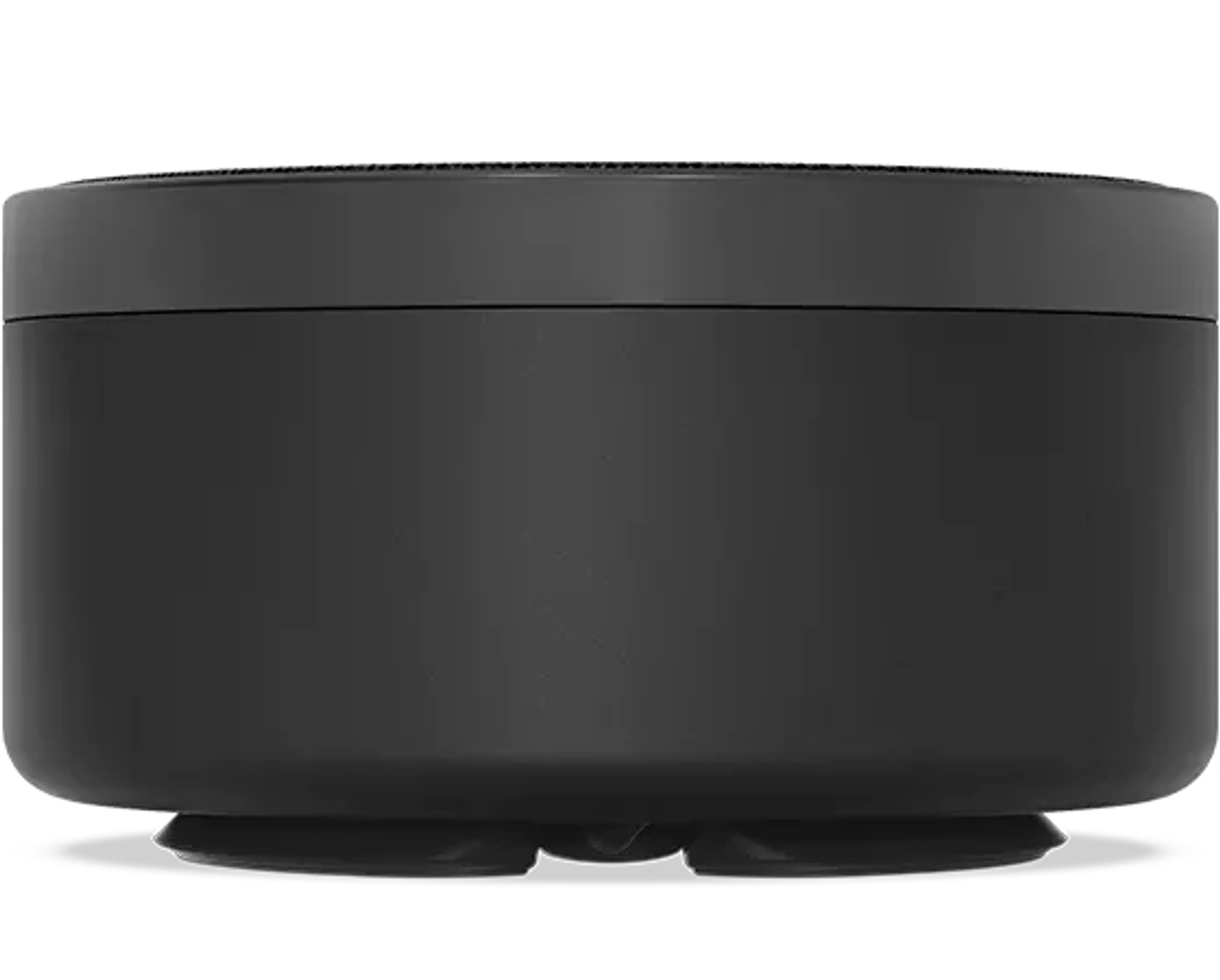 Un altoparlante nero cilindrico con una piccola base e una parte superiore piatta con un logo.