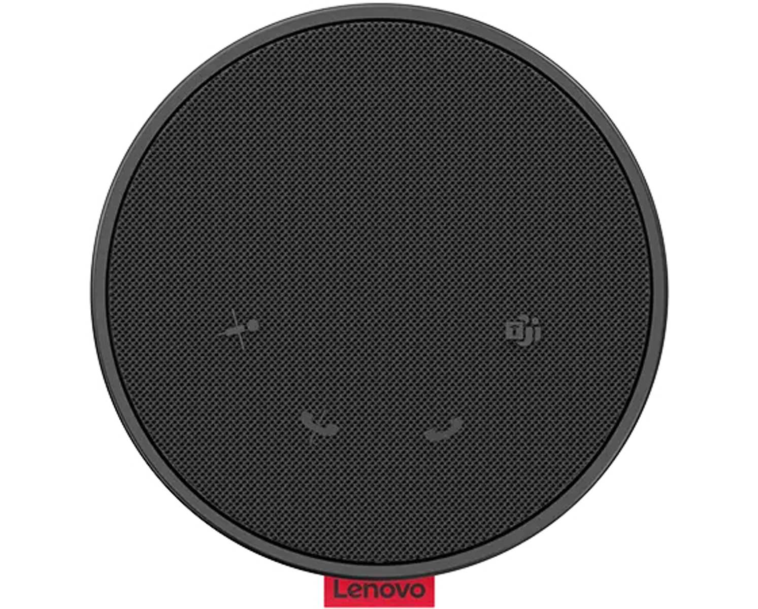 Altoparlante rotondo nero. Ha una griglia per altoparlanti e il logo Lenovo. Simboli per chiamata, microfono e riunione.