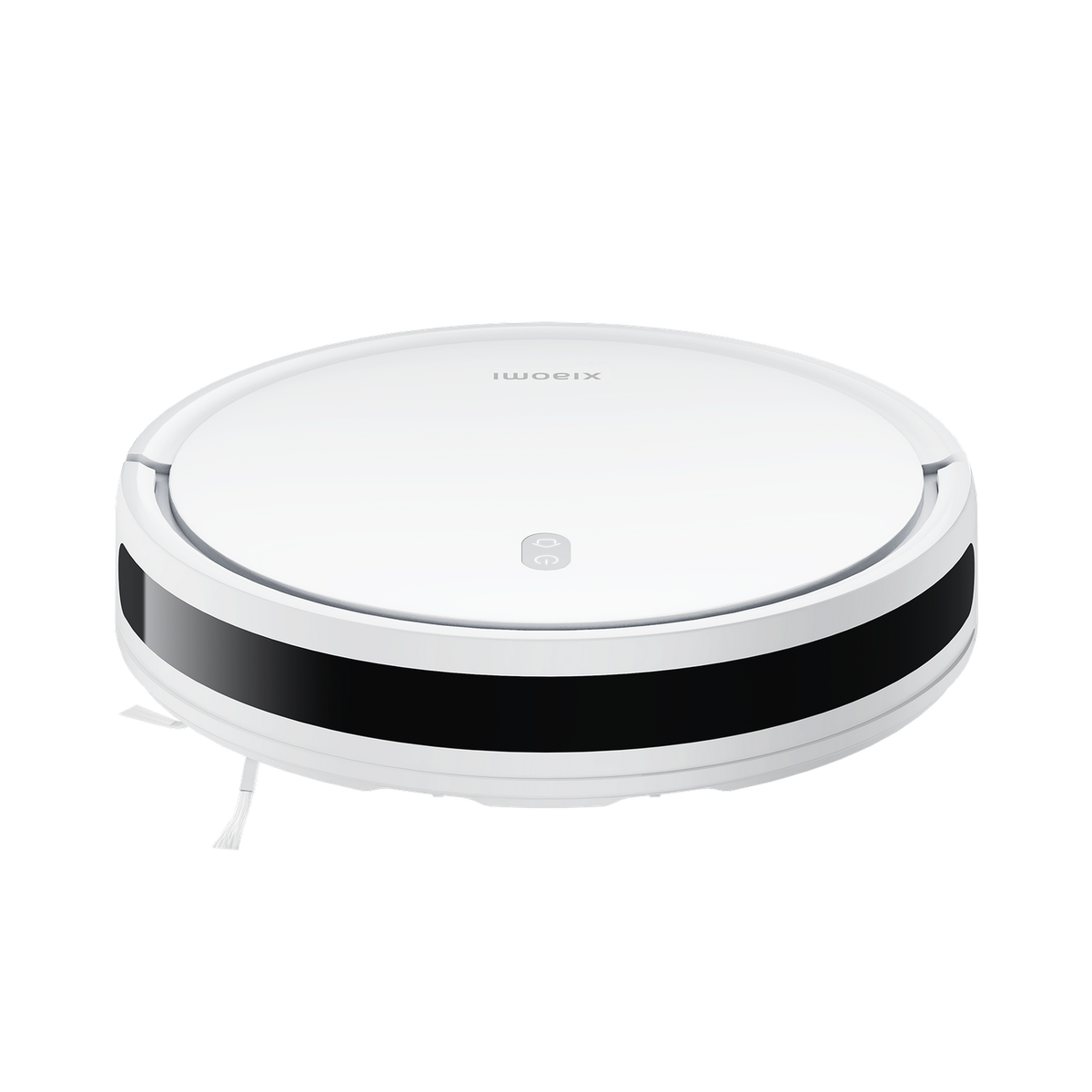 Biały okrągły odkurzacz robot z czarnym paskiem na białej podłodze.