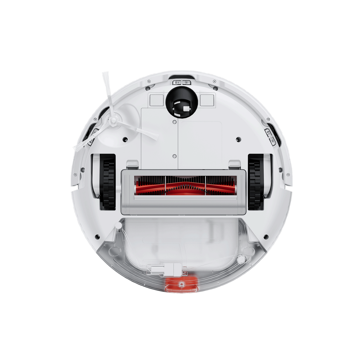 Biały odkurzacz automatyczny, widok z góry, z czerwoną szczotką i czarnymi kołami.