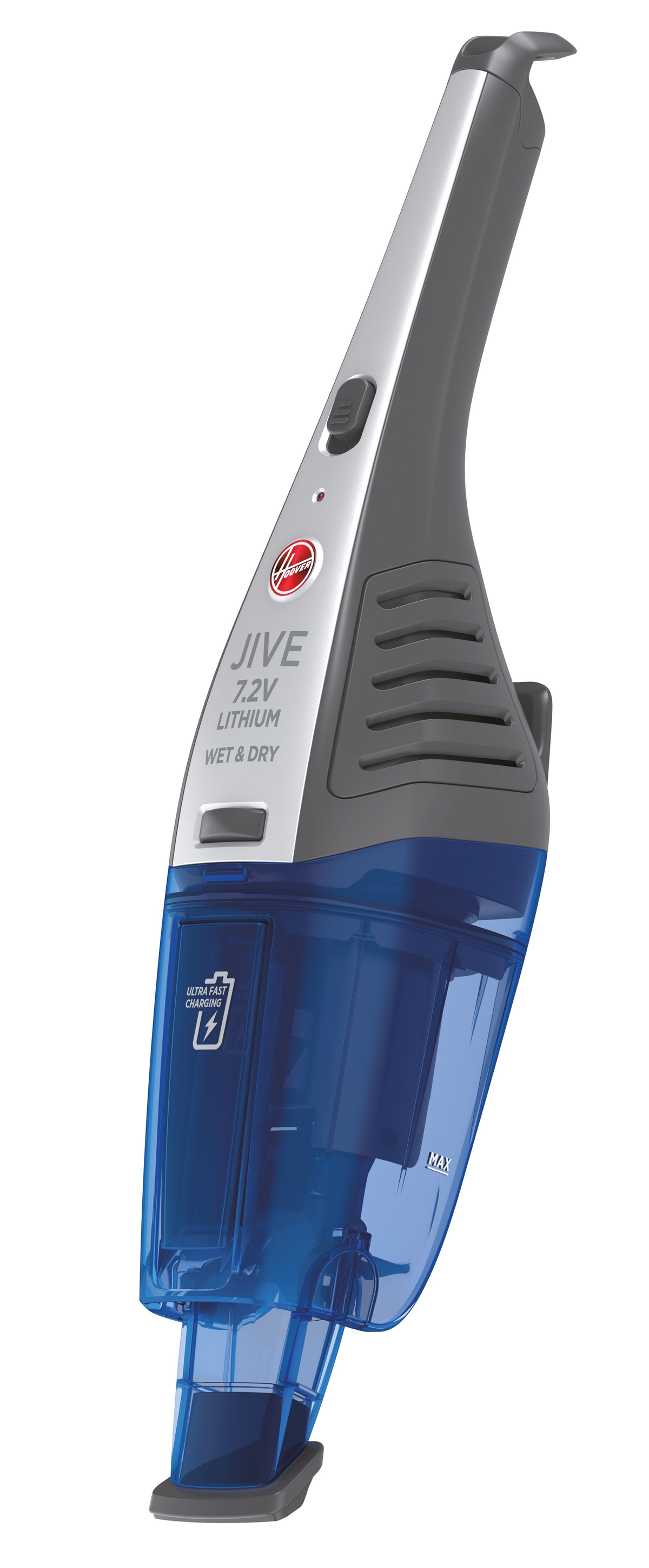 Ein handgehaltener kabelloser Hoover Jive Staubsauger, blau und grau, vor weißem Hintergrund.