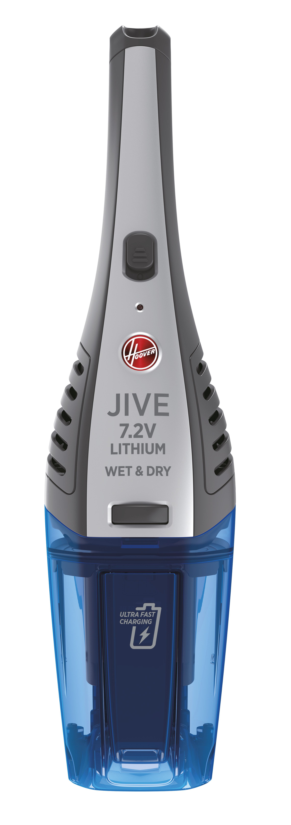 Ein grauer und blauer Hoover Jive 7.2V Lithium Nass- und Trockensauger.