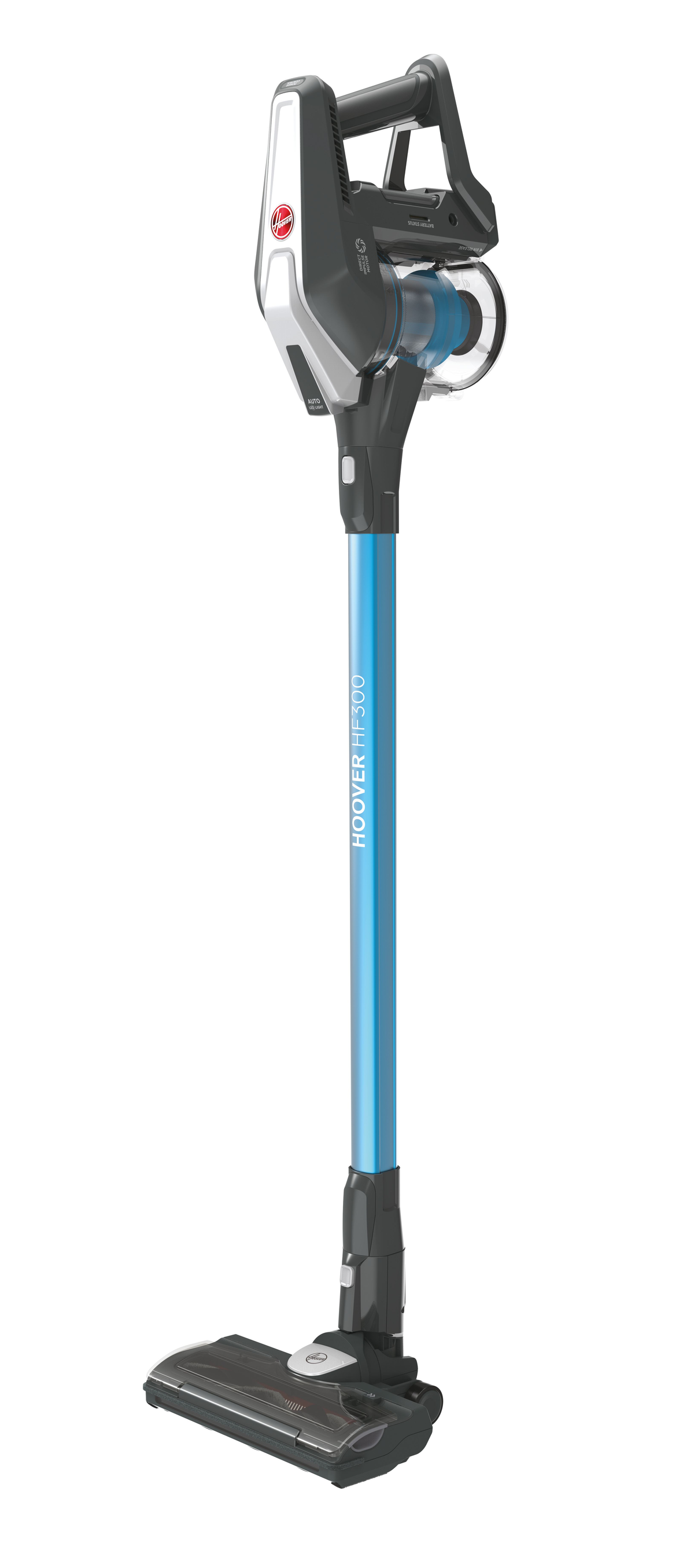Aspiradora de mano inalámbrica azul y negra. Se mantiene de pie. El fondo es blanco. La marca es Hoover.