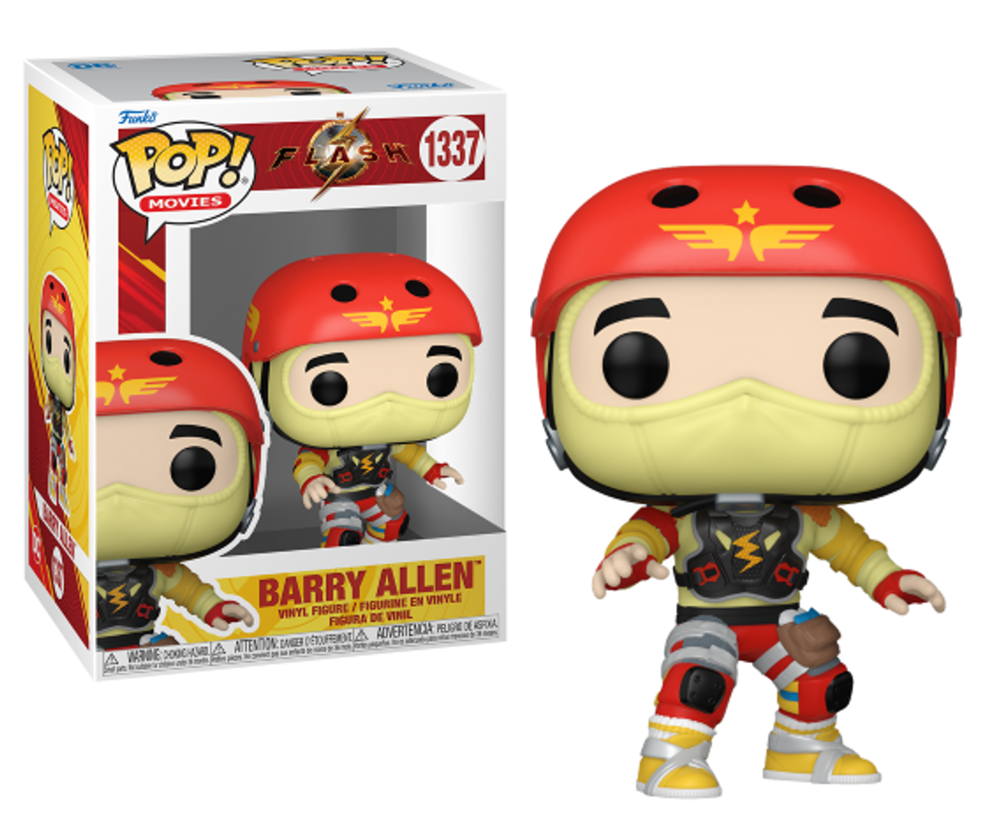 Figura Flash Funko Pop con casco e tuta rossa, in scatola espositiva.