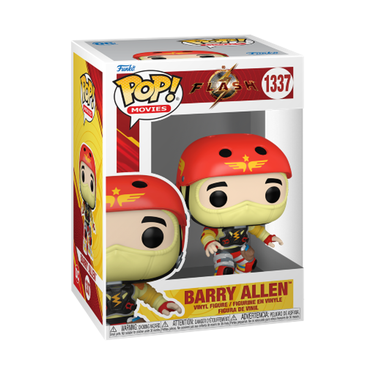 Una statuina Funko Pop! di Barry Allen in costume da Flash, esposta in una scatola.