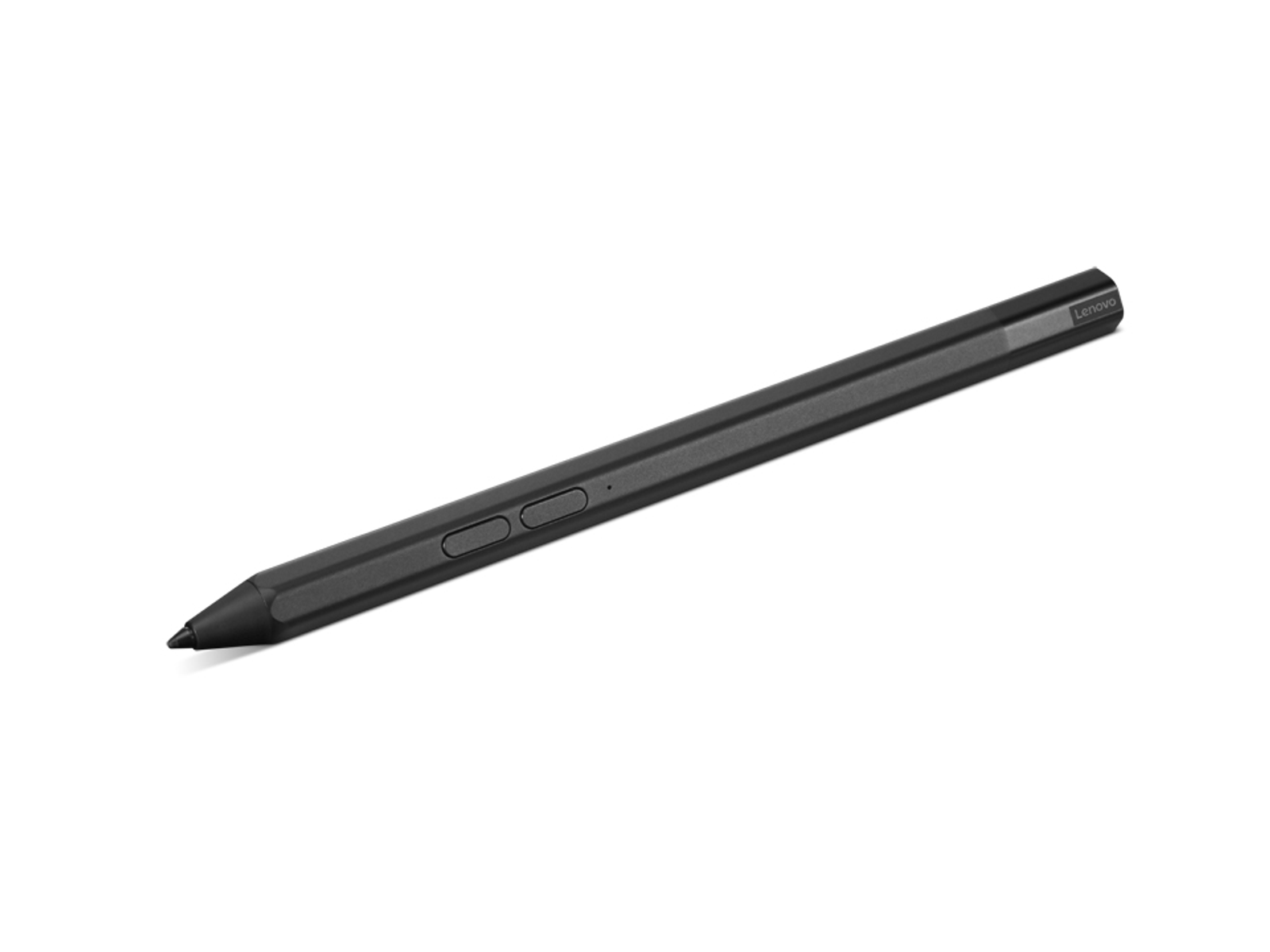 Un lápiz óptico Lenovo negro. El bolígrafo es cilíndrico y tiene un logotipo de Lenovo.