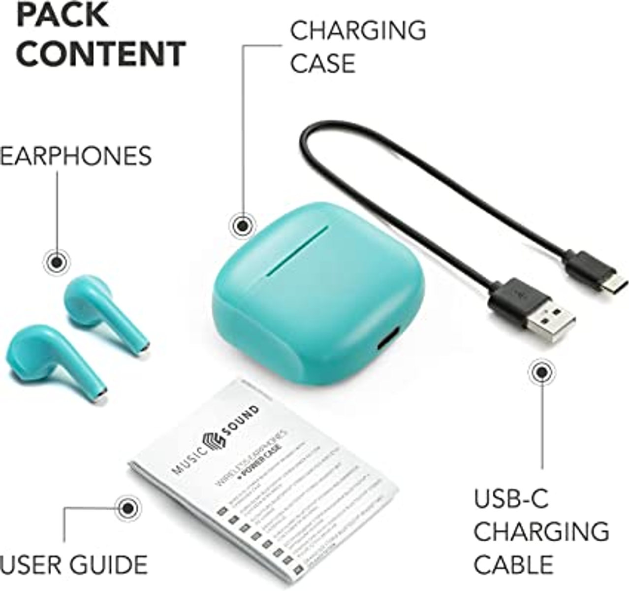 Pack content: turquoise wireless earbuds, charging case, USB-C cable, and a user guide on a white surface.