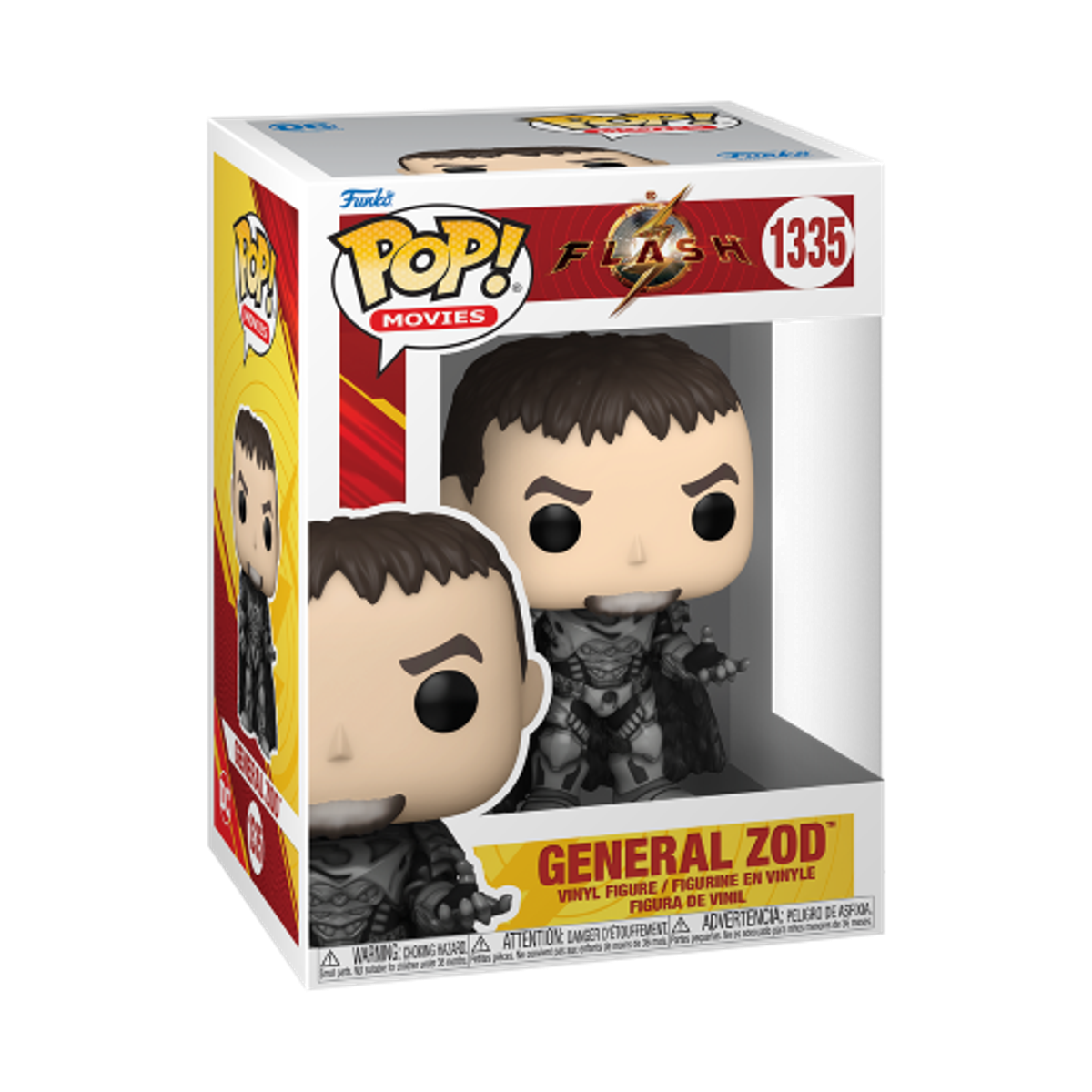 Un action figure di General Zod è in una scatola Pop! Movies. La figura è grigia e nera, con dettagli.