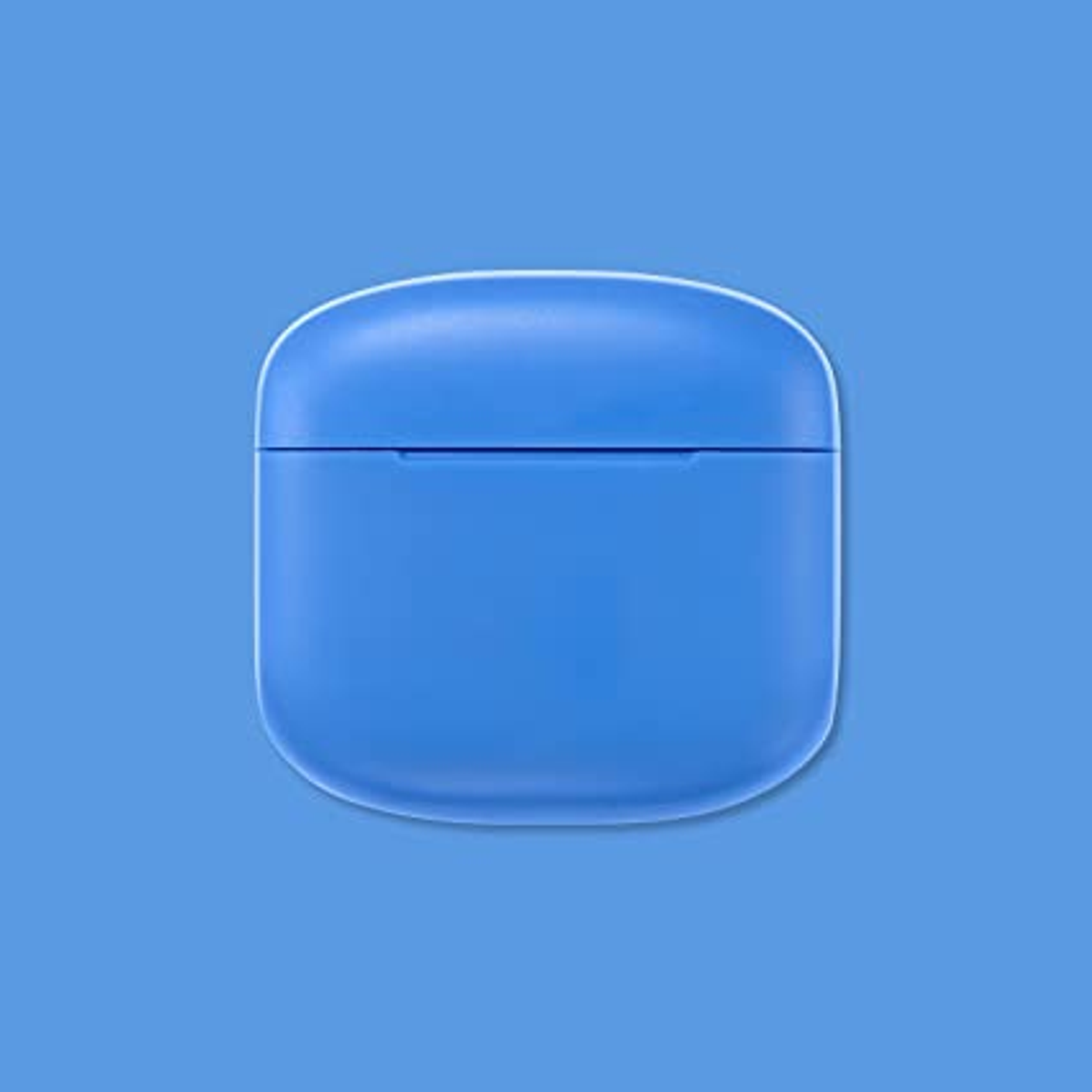 Blaues Etui für Ohrhörer, abgerundete quadratische Form, schlichtes Design auf blauem Grund.