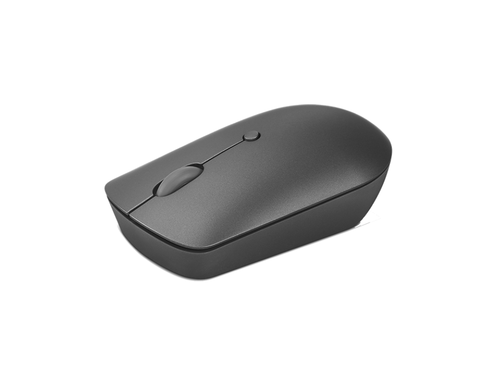 Ciemnoszara bezprzewodowa mysz komputerowa z kółkiem przewijania i przyciskiem. Na czarnym tle.