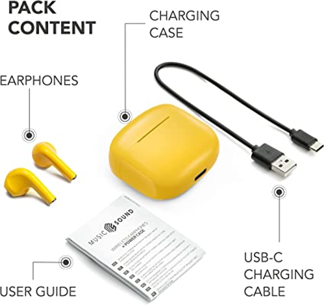 Auriculares, estuche de carga y un cable de carga USB-C con una guía del usuario.
